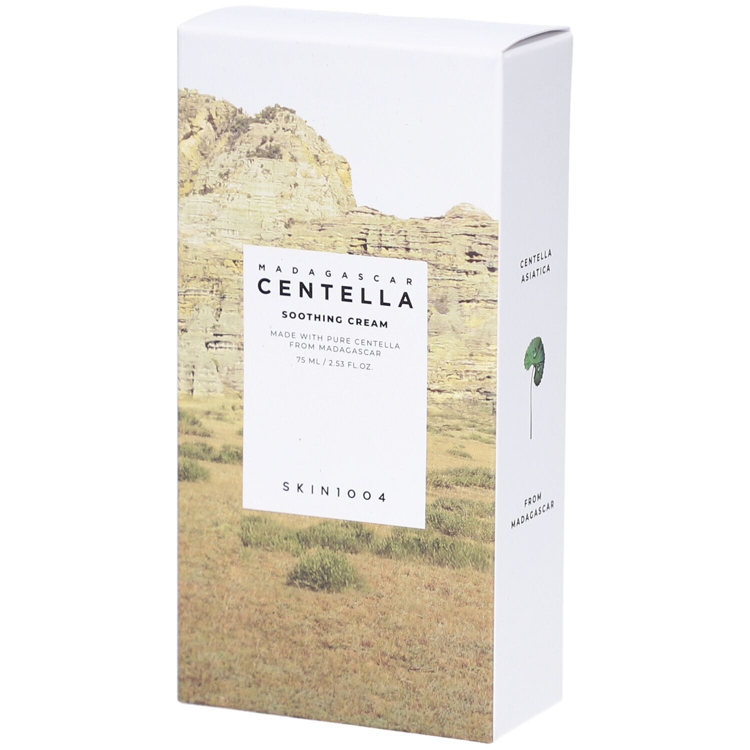 Weiße Verpackung mit Produktnamen und Landschaftsbild. Text: Madagascar Centella Soothing Cream.