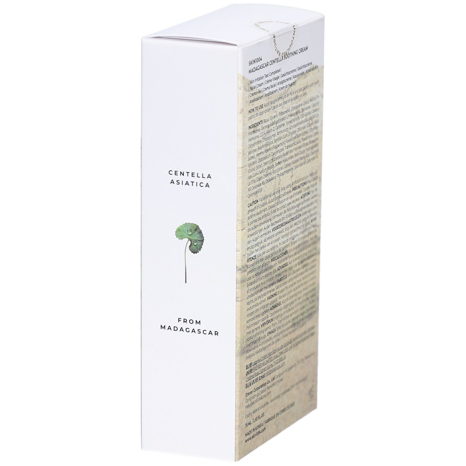 Weiße Verpackung mit Produktnamen und Landschaftsbild. Text: Centella Asiatica, from Madagascar.