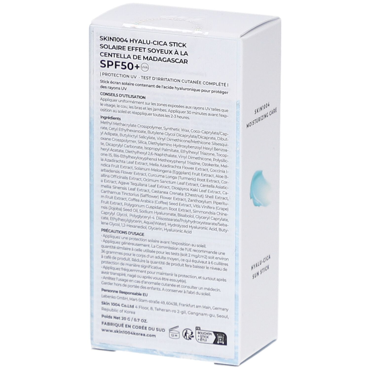 Rückseite des weißen Kartons. Text: SKIN1004 Hyalu-Cica Stick, Solaire effet soyeux, SPF50+. Inhaltsstoffe und Anwendungshinweise.