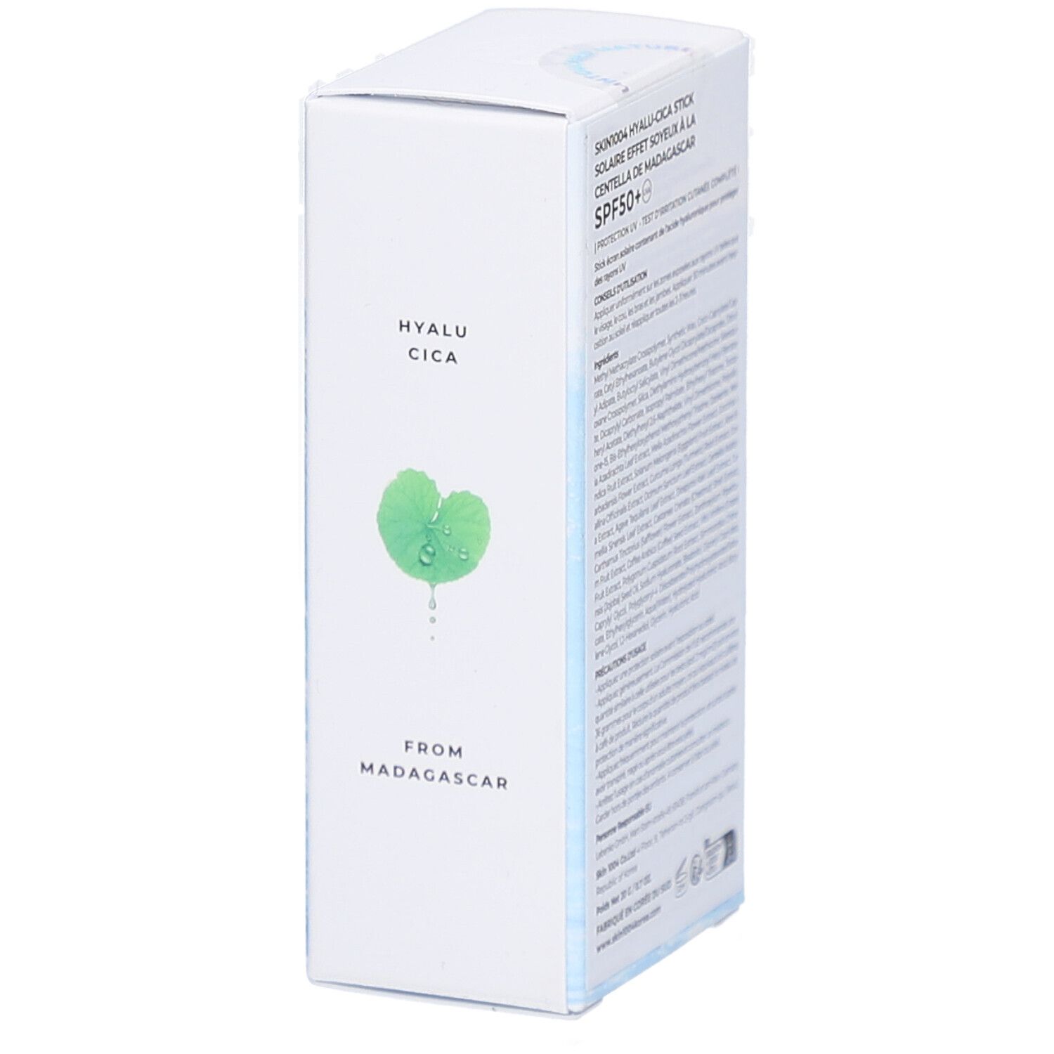 Weißer Karton mit Produktinformationen. Text: Hyalu-Cica, from Madagascar. Blatt-Symbol. Rückseite mit Text.