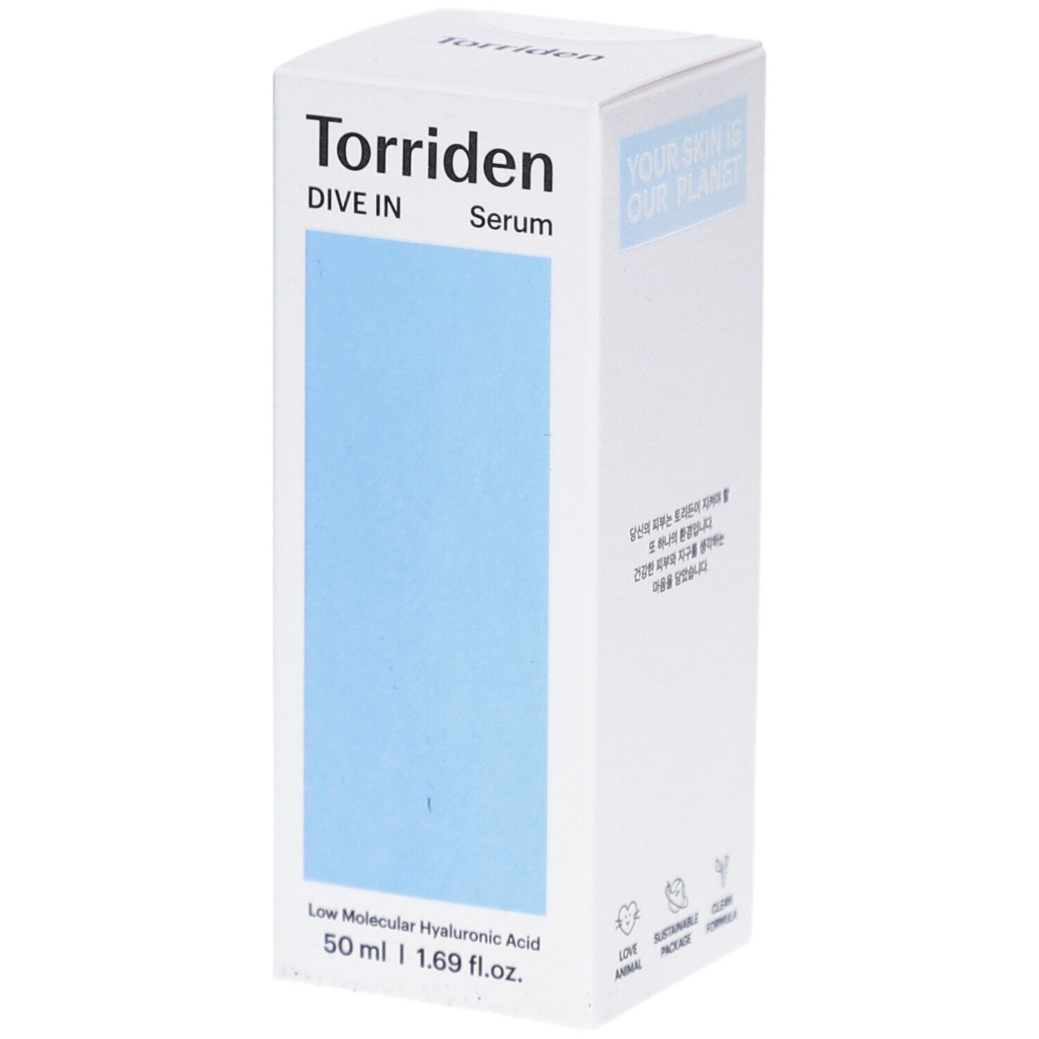 Weiße Verpackung mit blauem Feld. Aufschrift: Torriden DIVE IN Serum. Unten: Low Molecular Hyaluronic Acid, 50 ml.