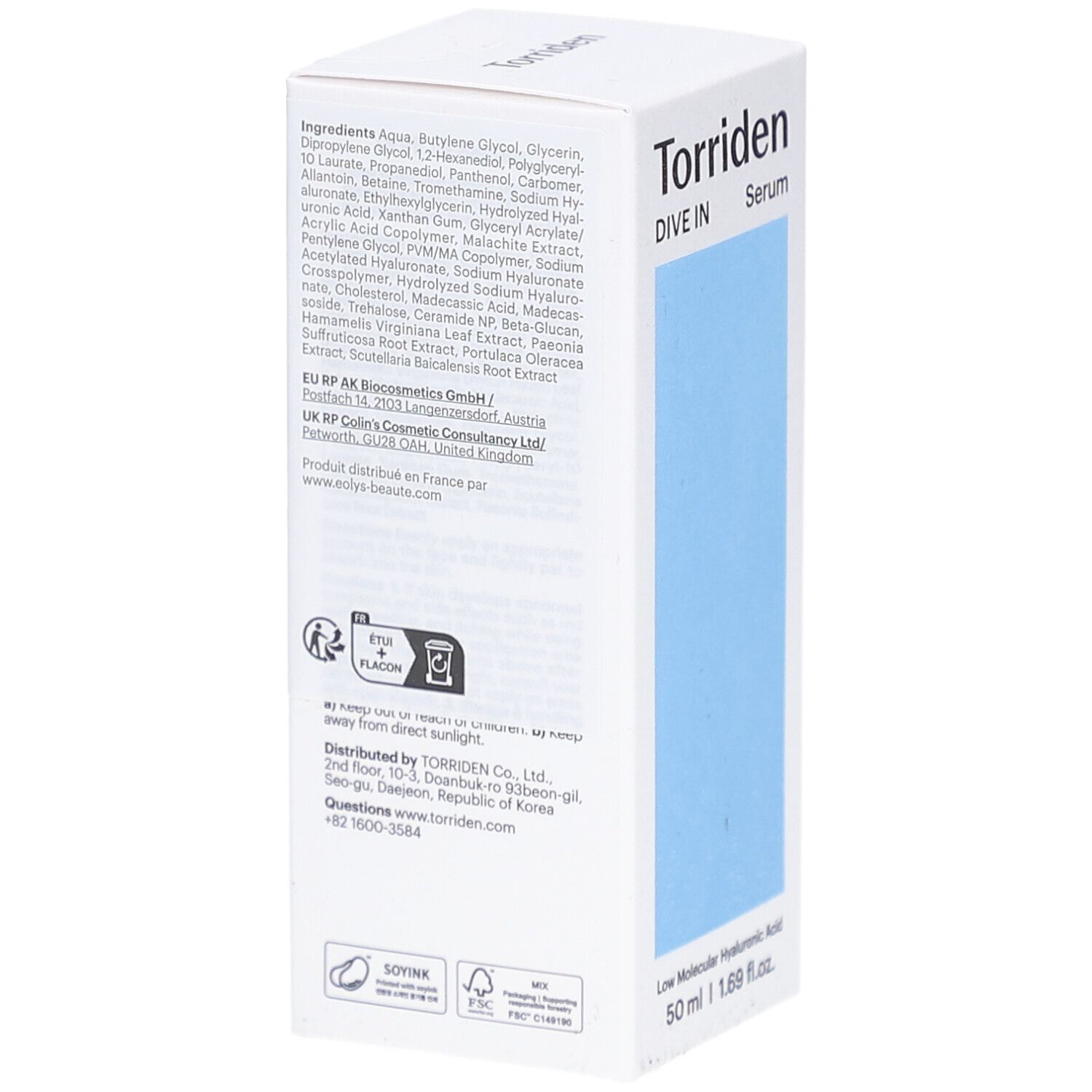 Rückseite der Verpackung mit Inhaltsstoffen und Herstellerinformationen. Enthält Text in mehreren Sprachen.