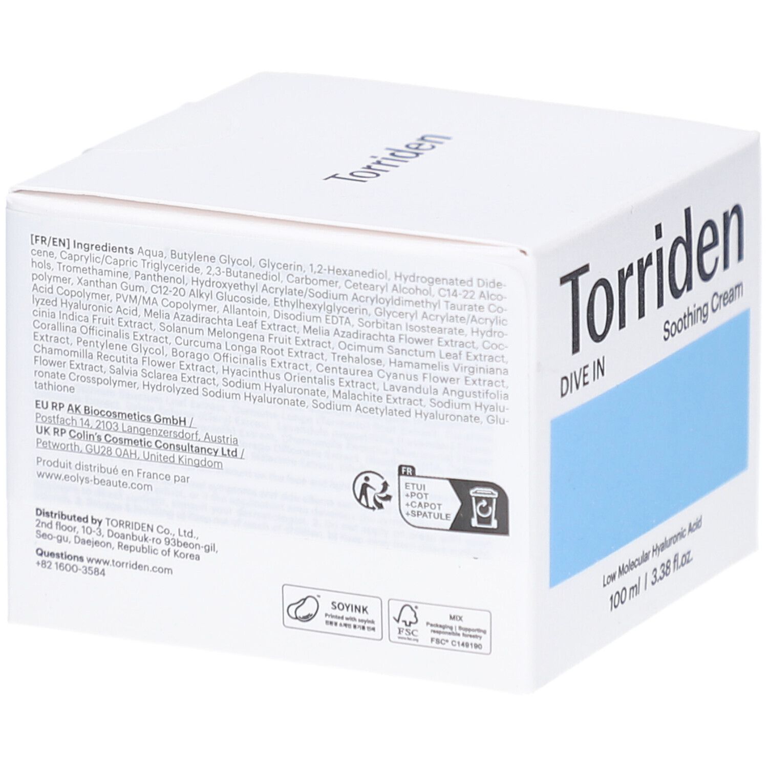 Weiße Verpackung mit Text. Aufschrift: Torriden, Soothing Cream. Enthält Inhaltsstoffe, Hinweise und Logos. Mit Spatel.