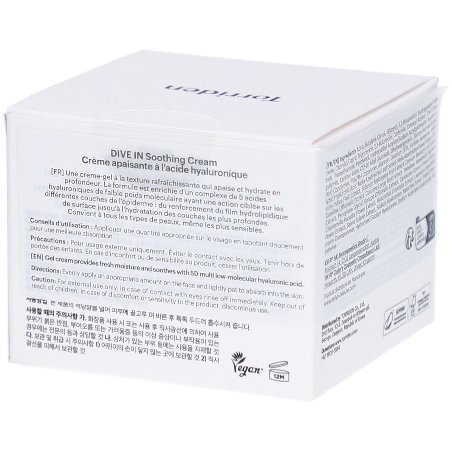 Weiße Verpackung mit Text. Aufschrift: Dive In Soothing Cream. Enthält Anweisungen und Vegan-Logo. 12M-Symbol.