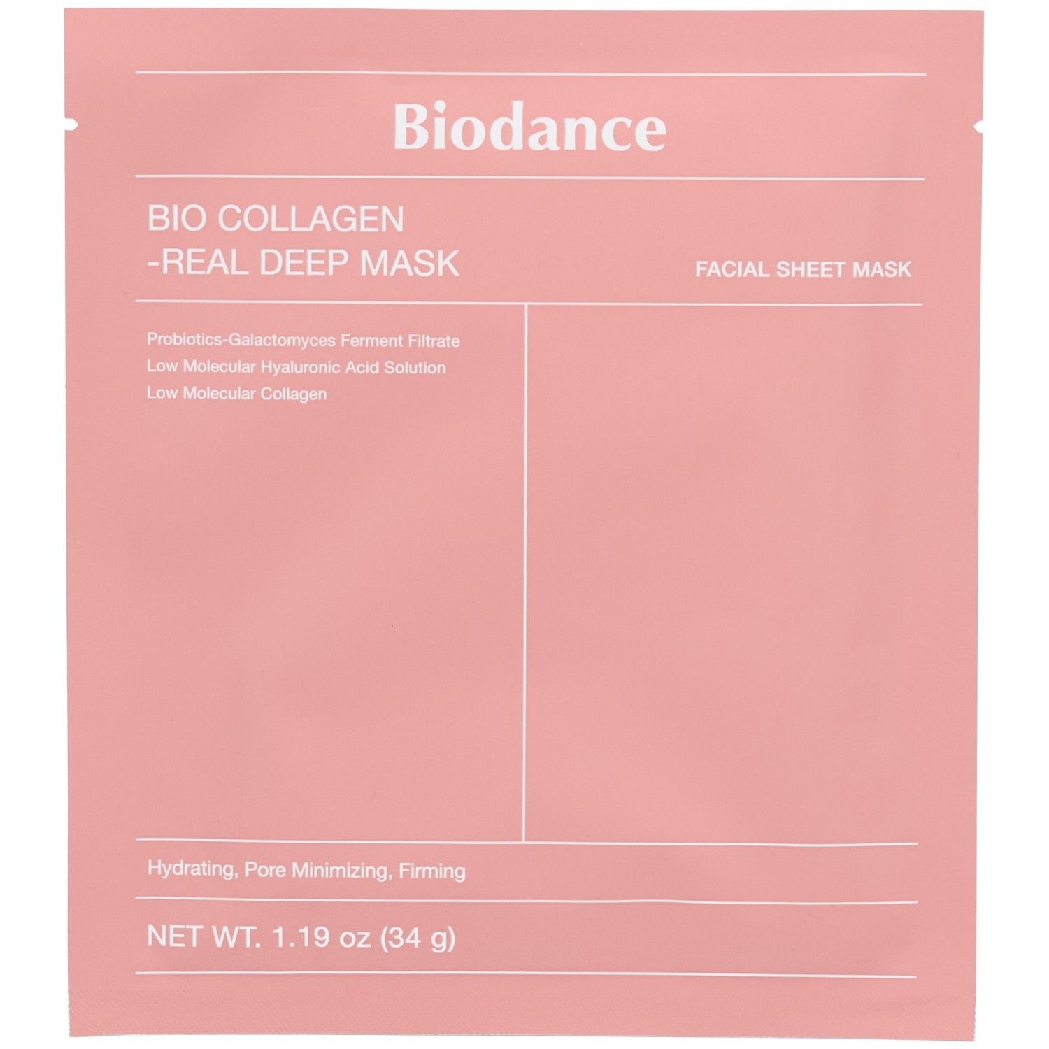Rosa Einzelverpackung. Oben steht "Biodance". Text: "BIO COLLAGEN -REAL DEEP MASK". "FACIAL SHEET MASK". Unten: "NET WT. 1.19 oz (34 g)".