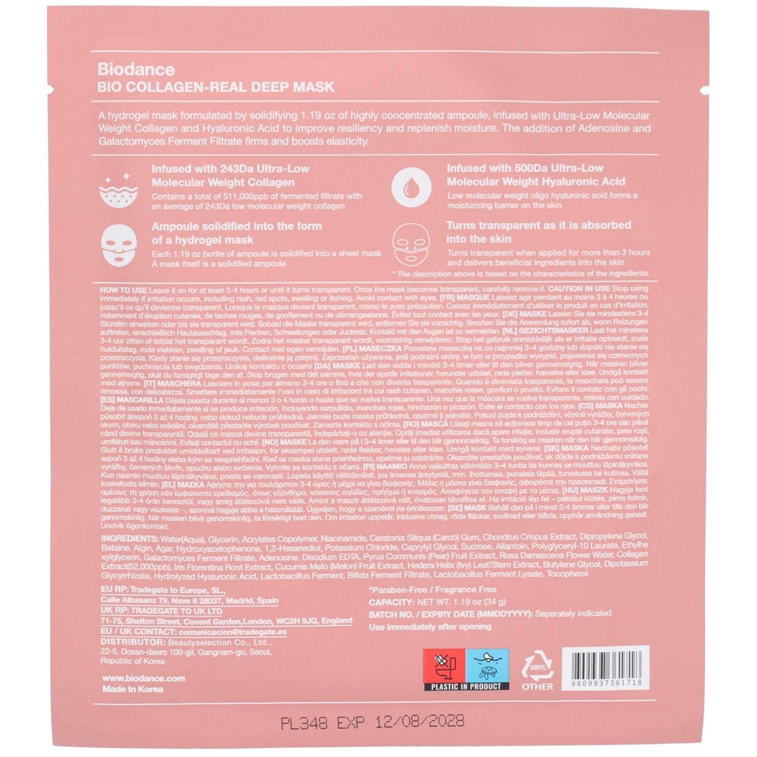 Rückseite der rosa Einzelverpackung. Text: "Biodance BIO COLLAGEN-REAL DEEP MASK". Enthält Text und Symbole. Unten: "PLASTIC OR PRODUCT".
