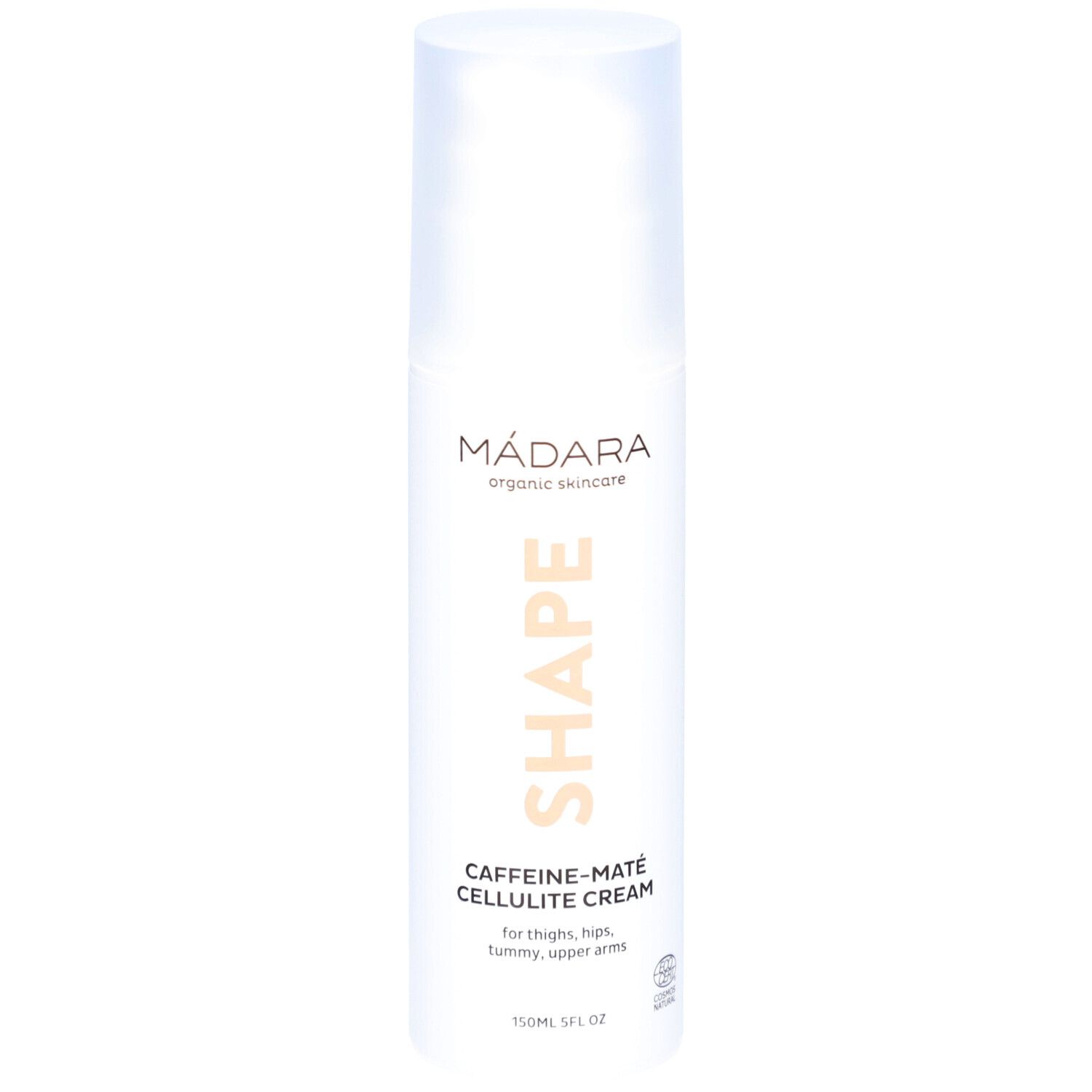 Weiße Flasche mit Aufschrift SHAPE, Caffeine-Maté Cellulite Cream. Marke: Mádara. 150ml.