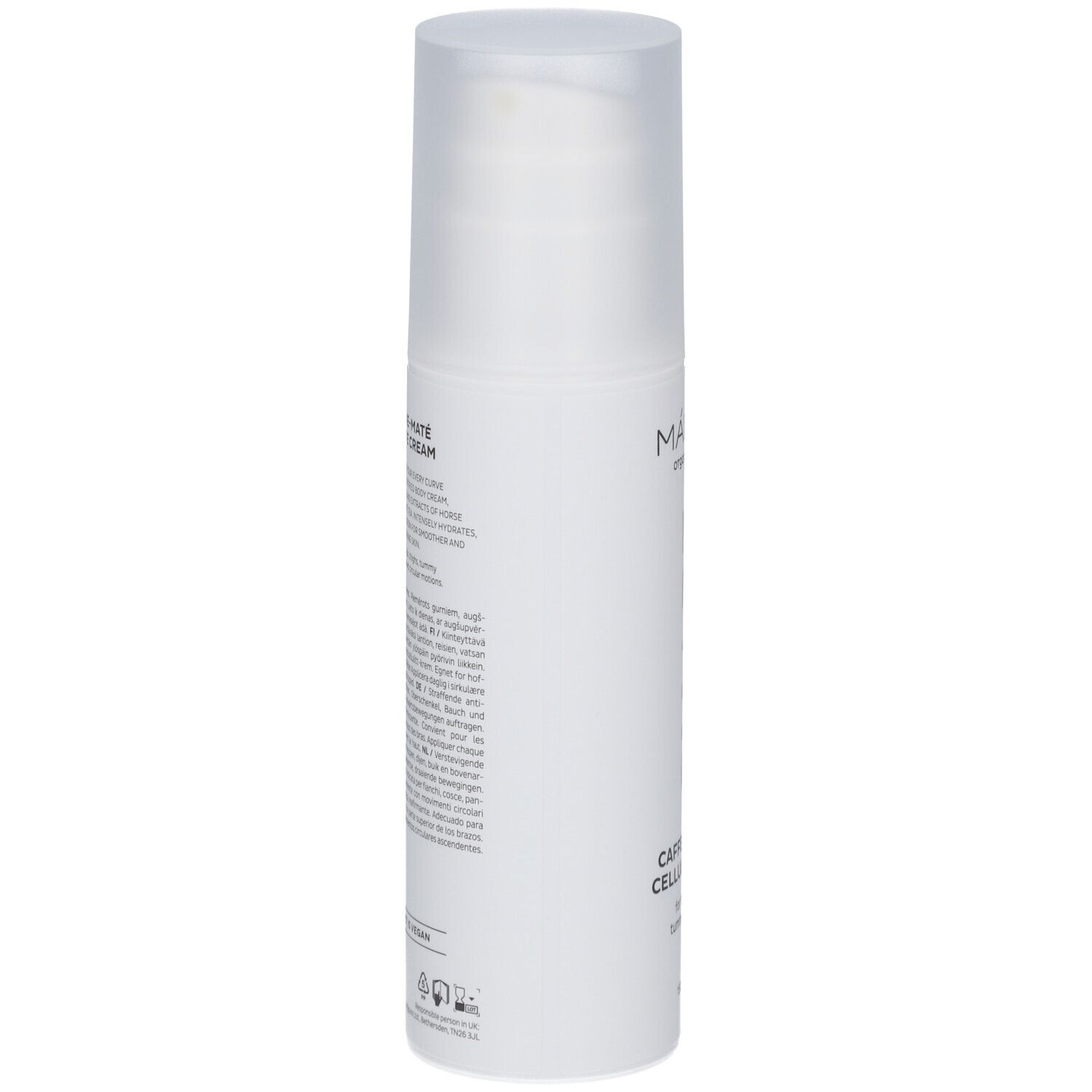 Weiße Flasche mit Text. Caffeine-Maté Cellulite Cream. Marke Mádara. Text in mehreren Sprachen.