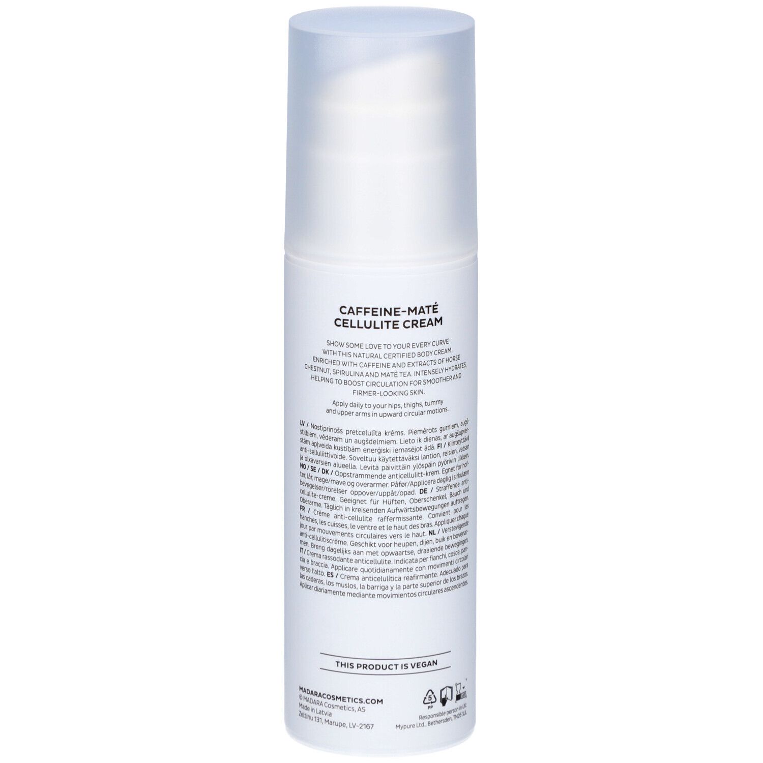 Weiße Flasche mit Text. Caffeine-Maté Cellulite Cream. Marke Mádara. Text in mehreren Sprachen.