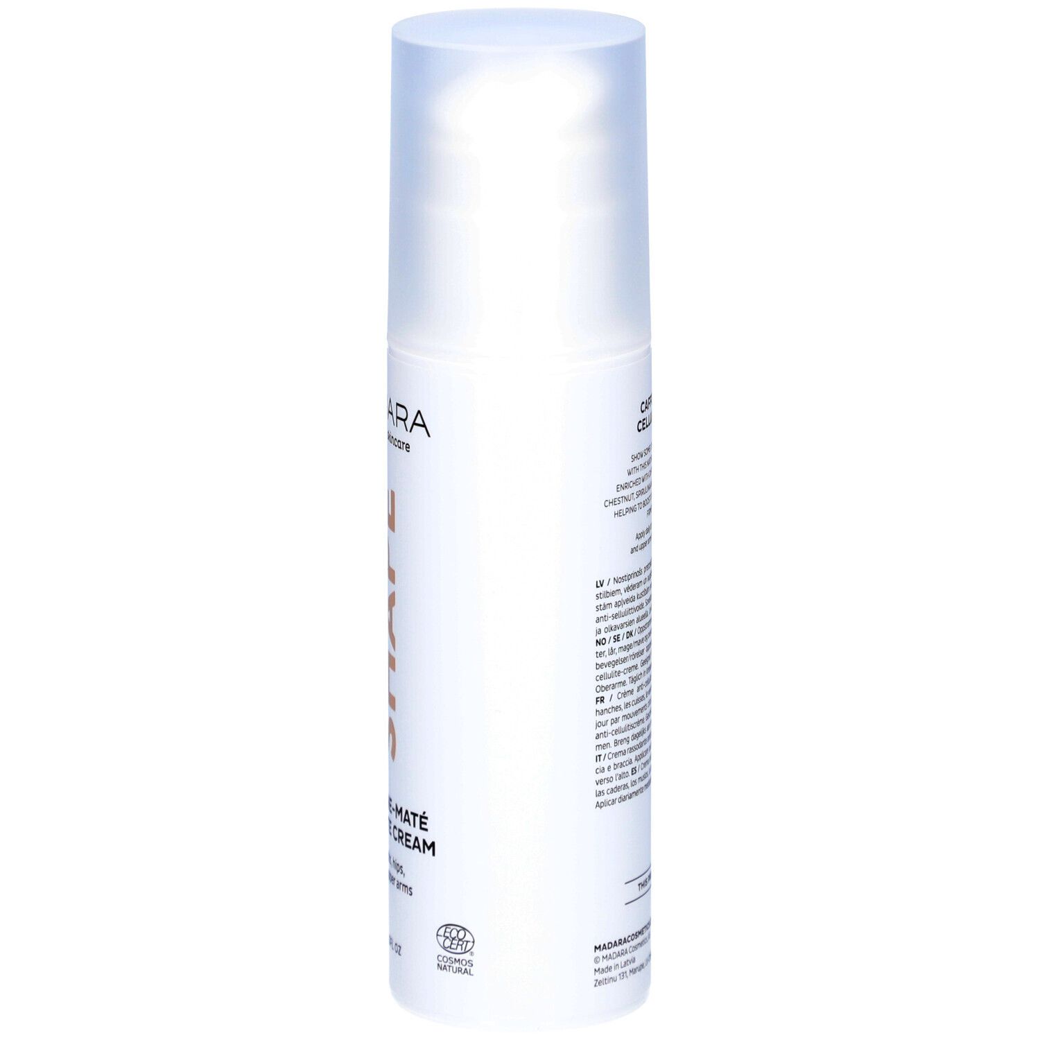 Weiße Flasche mit Text. Caffeine-Maté Cellulite Cream. Marke Mádara. Text in mehreren Sprachen.