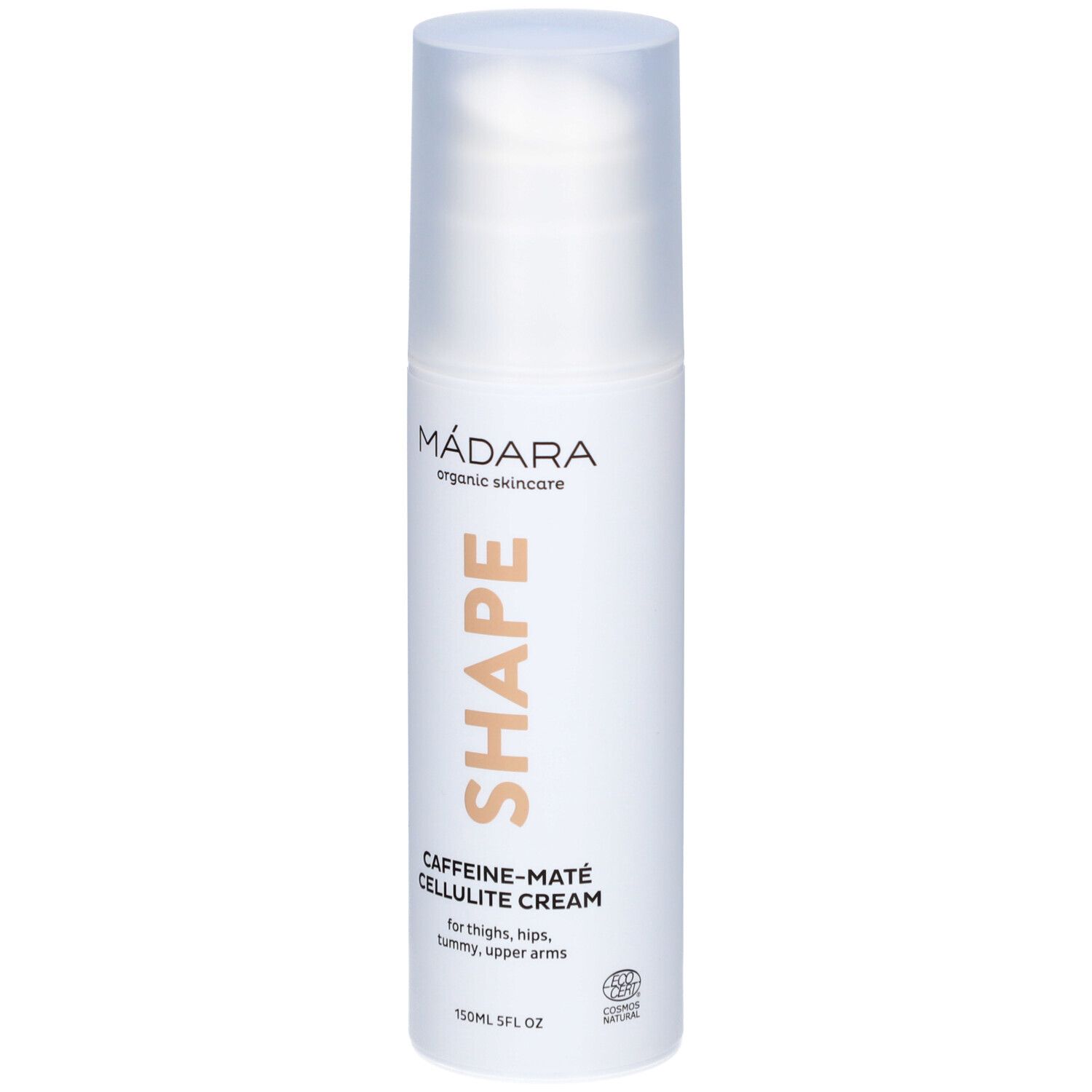 Weiße Flasche mit Aufschrift SHAPE, Caffeine-Maté Cellulite Cream. Marke: Mádara. 150ml.
