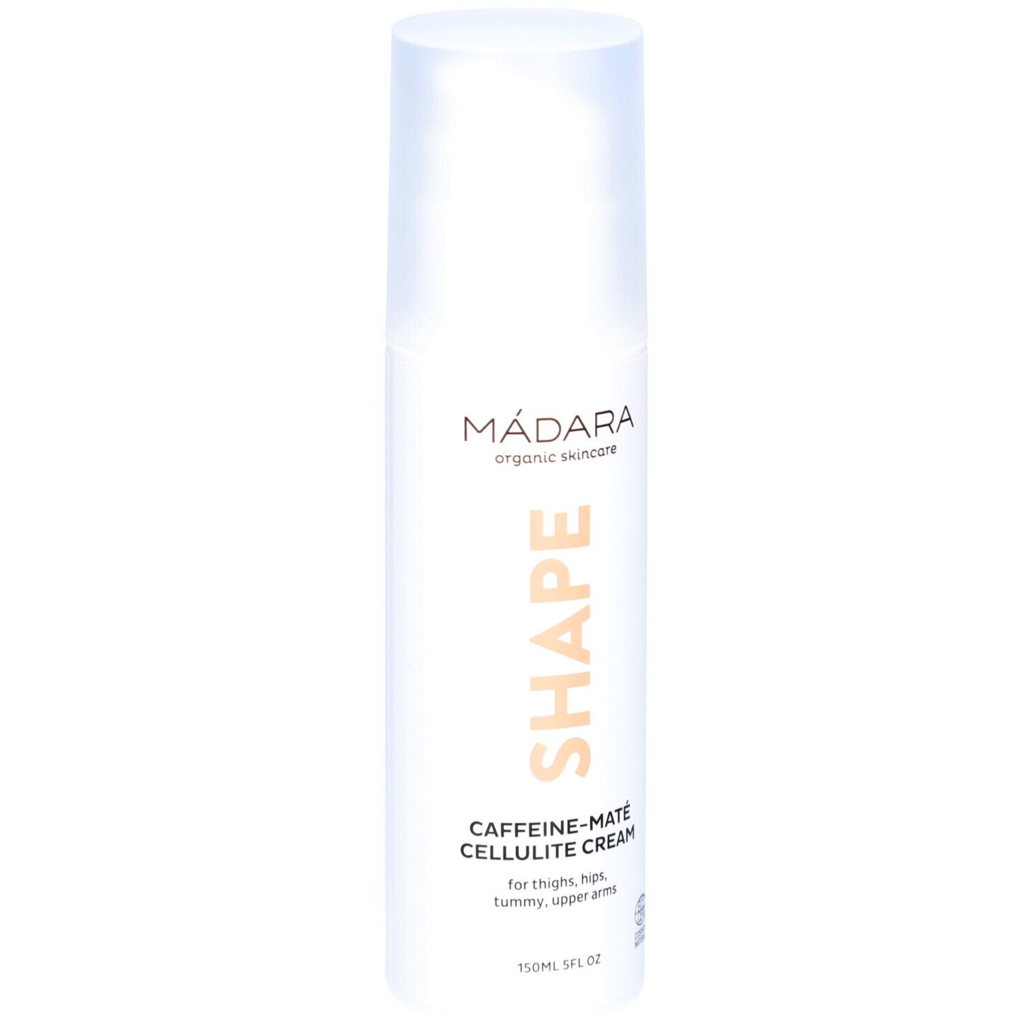 Weiße Flasche mit Aufschrift SHAPE, Caffeine-Maté Cellulite Cream. Marke: Mádara. 150ml.
