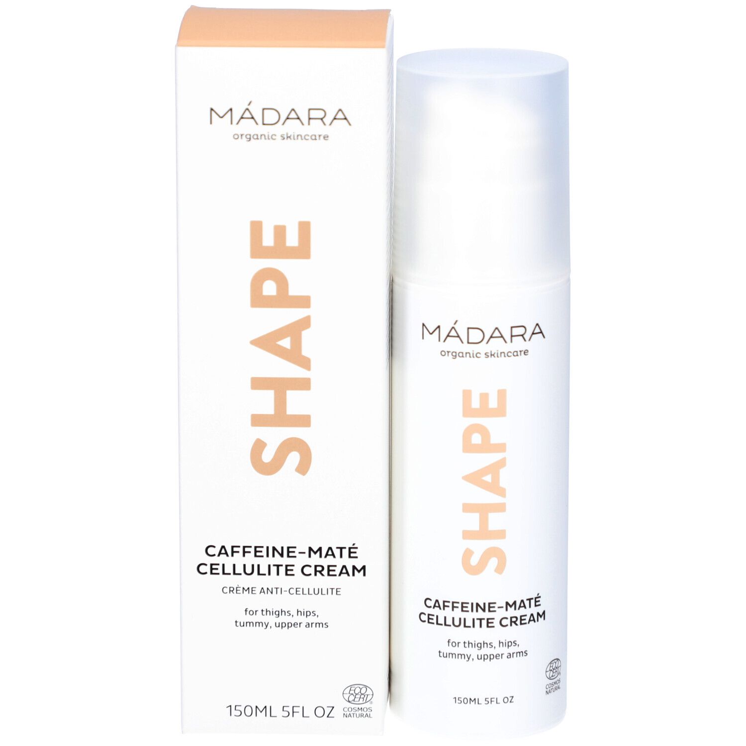 Produktverpackung mit Flasche. Aufschrift SHAPE, Caffeine-Maté Cellulite Cream. Marke: Mádara. 150ml.