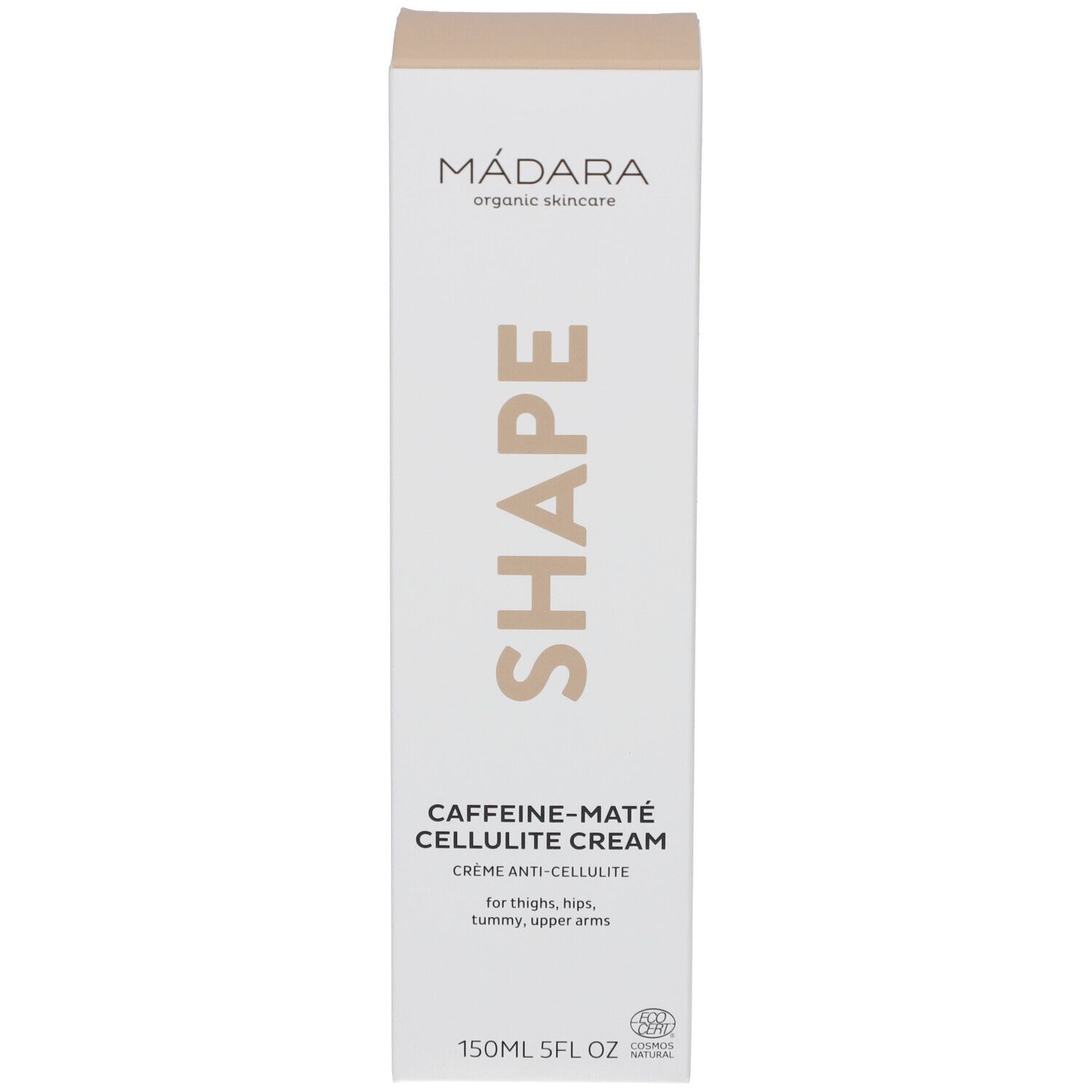 Produktverpackung. Aufschrift SHAPE, Caffeine-Maté Cellulite Cream. Marke: Mádara. 150ml.