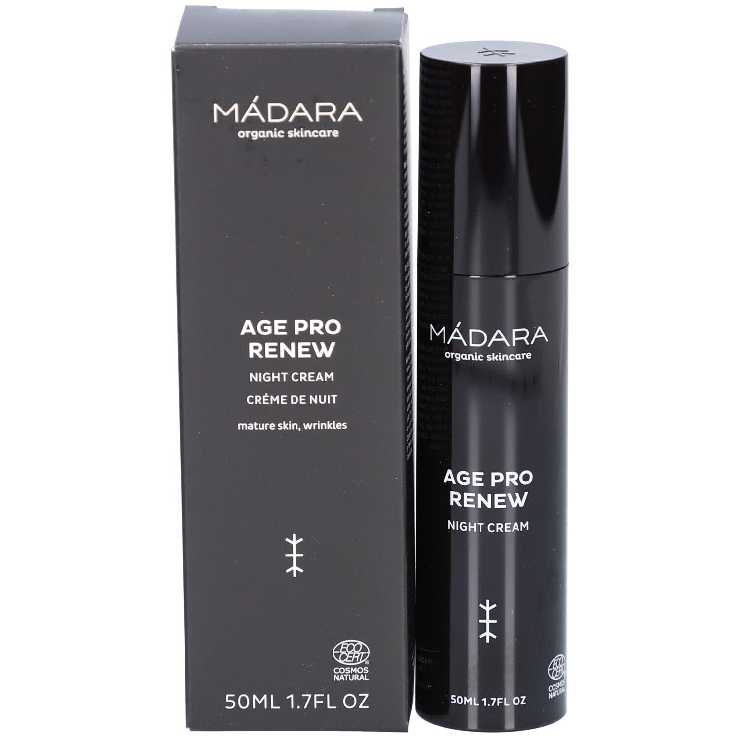 Schwarze Flasche und Schachtel. Aufschrift: MÁDARA, AGE PRO RENEW NIGHT CREAM. Mit Zertifizierungslogo.