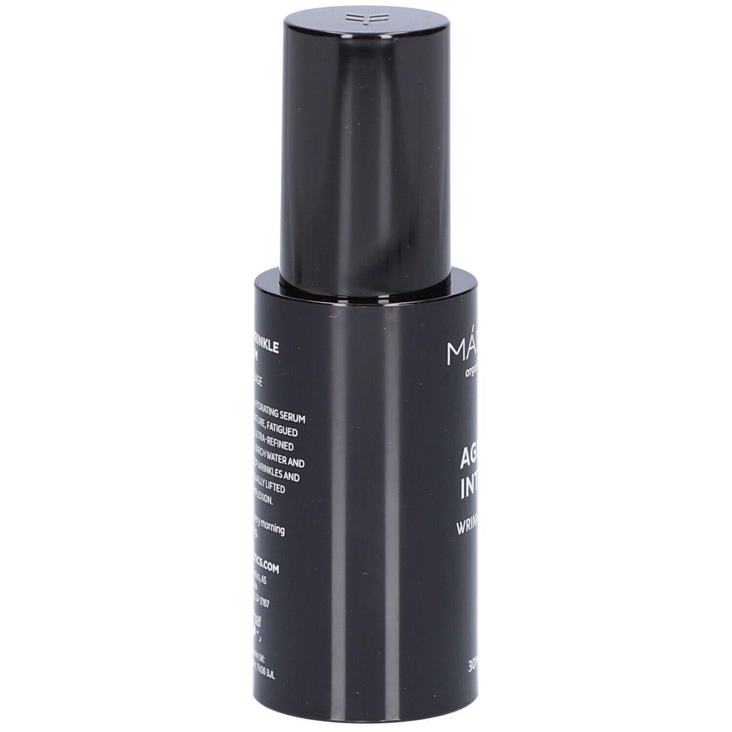 Schwarze Flasche mit Serum. Aufschrift: MÁDARA, AGE PRO INTENSE, WRINKLE SERUM. Text über Inhaltsstoffe.