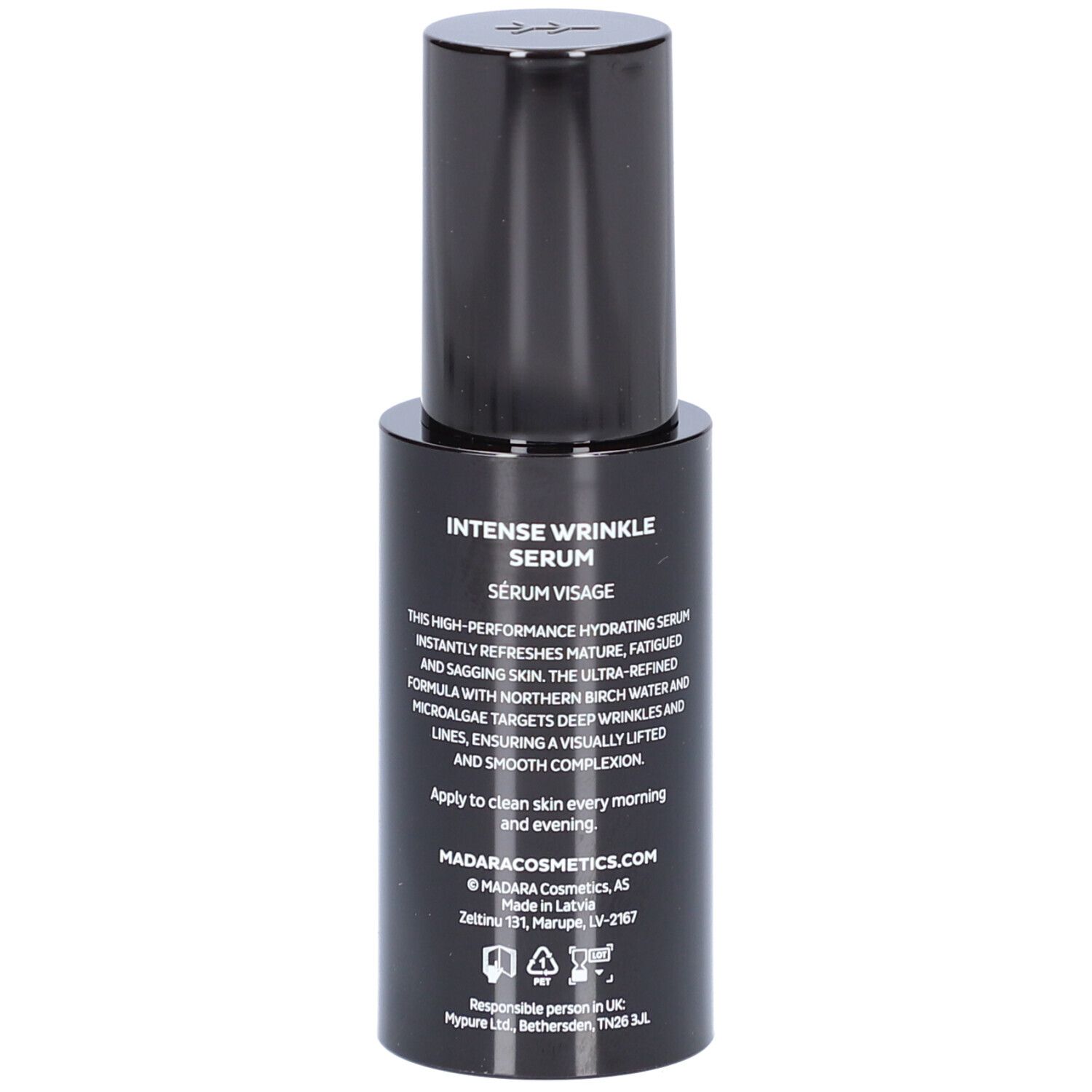 Schwarze Flasche mit Serum. Aufschrift: INTENSE WRINKLE SERUM. Text über Anwendung und Inhaltsstoffe.