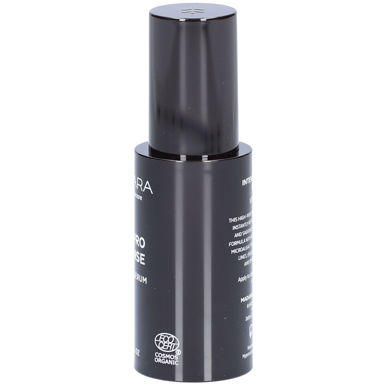 Schwarze Flasche mit Serum. Aufschrift: MÁDARA, AGE PRO INTENSE, WRINKLE SERUM. Mit Zertifizierung.