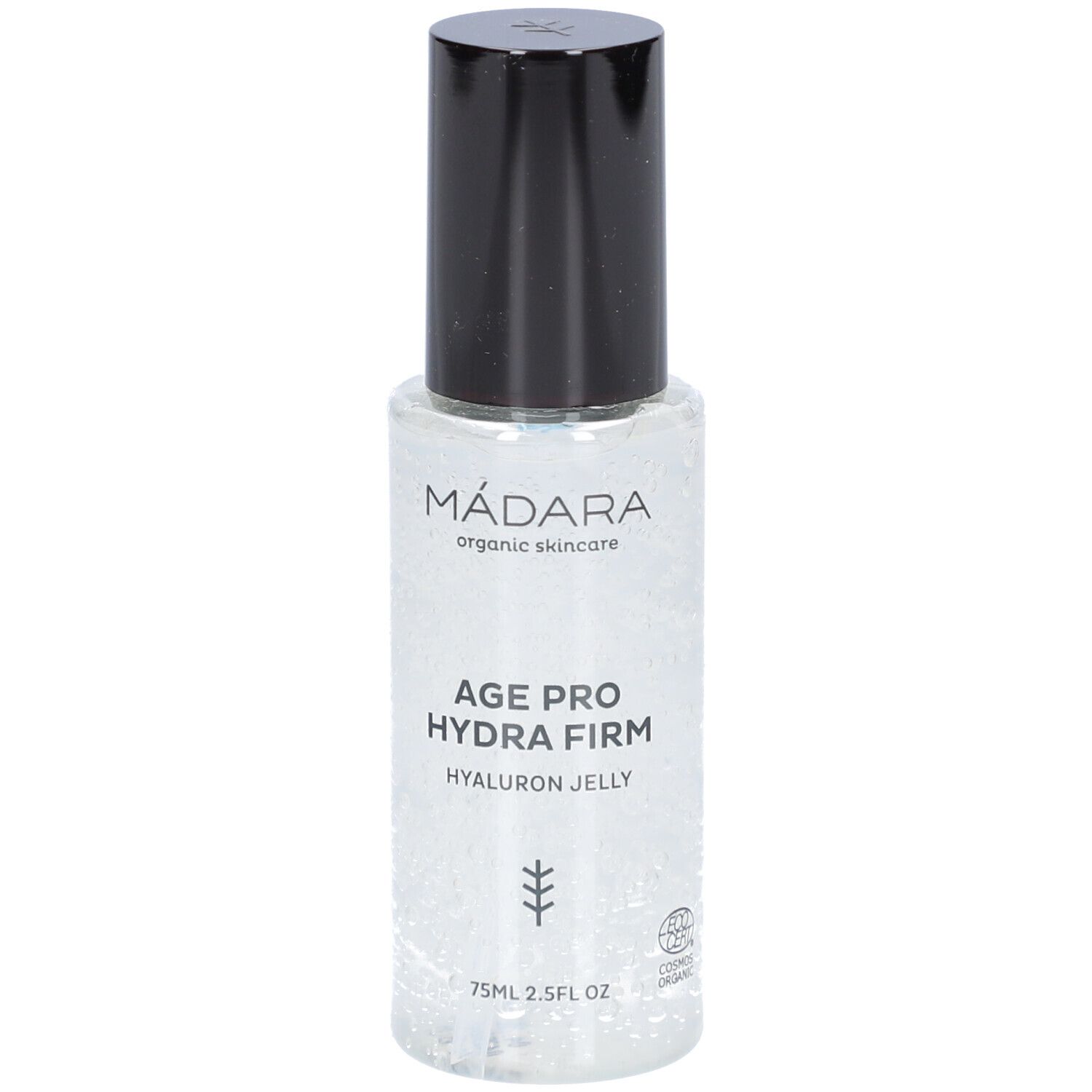 Klarer Flakon mit schwarzem Deckel. Aufschrift: MÁDARA, AGE PRO HYDRA FIRM, HYALURON JELLY. Mit Bio-Siegel.