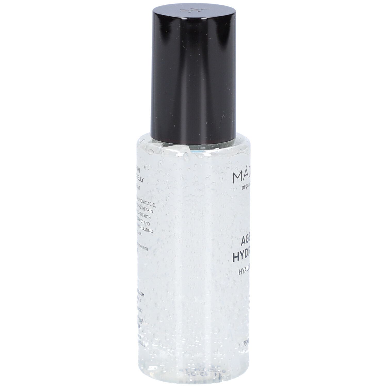 Klarer Flakon mit schwarzem Deckel. Aufschrift: MÁDARA, AGE PRO HYDRA FIRM, HYALURON JELLY. Rückseite mit Text.