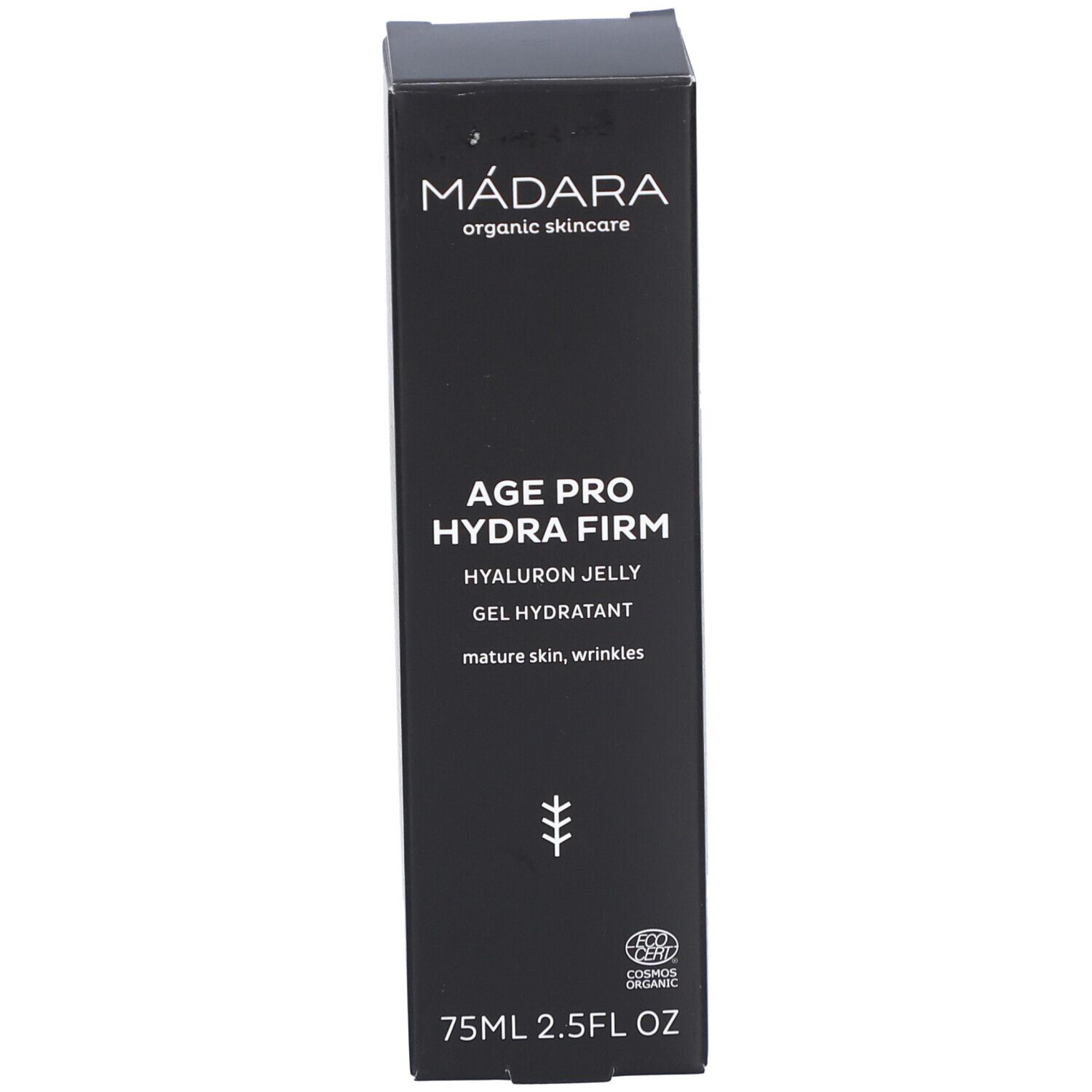 Schwarze Verpackung. Aufschrift: MÁDARA, AGE PRO HYDRA FIRM, HYALURON JELLY. Mit Bio-Siegel.