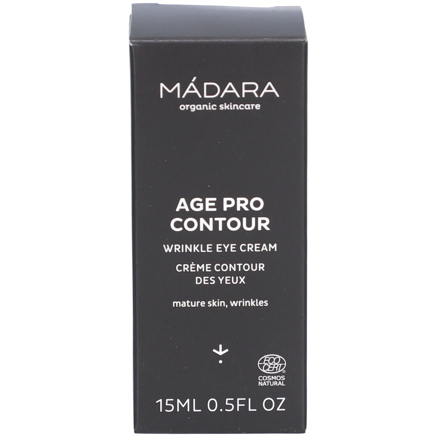 Schwarze Verpackung. Aufschrift: MÁDARA, AGE PRO CONTOUR, WRINKLE EYE CREAM, CRÈME CONTOUR DES YEUX. COSMOS NATURAL-Zertifizierung.