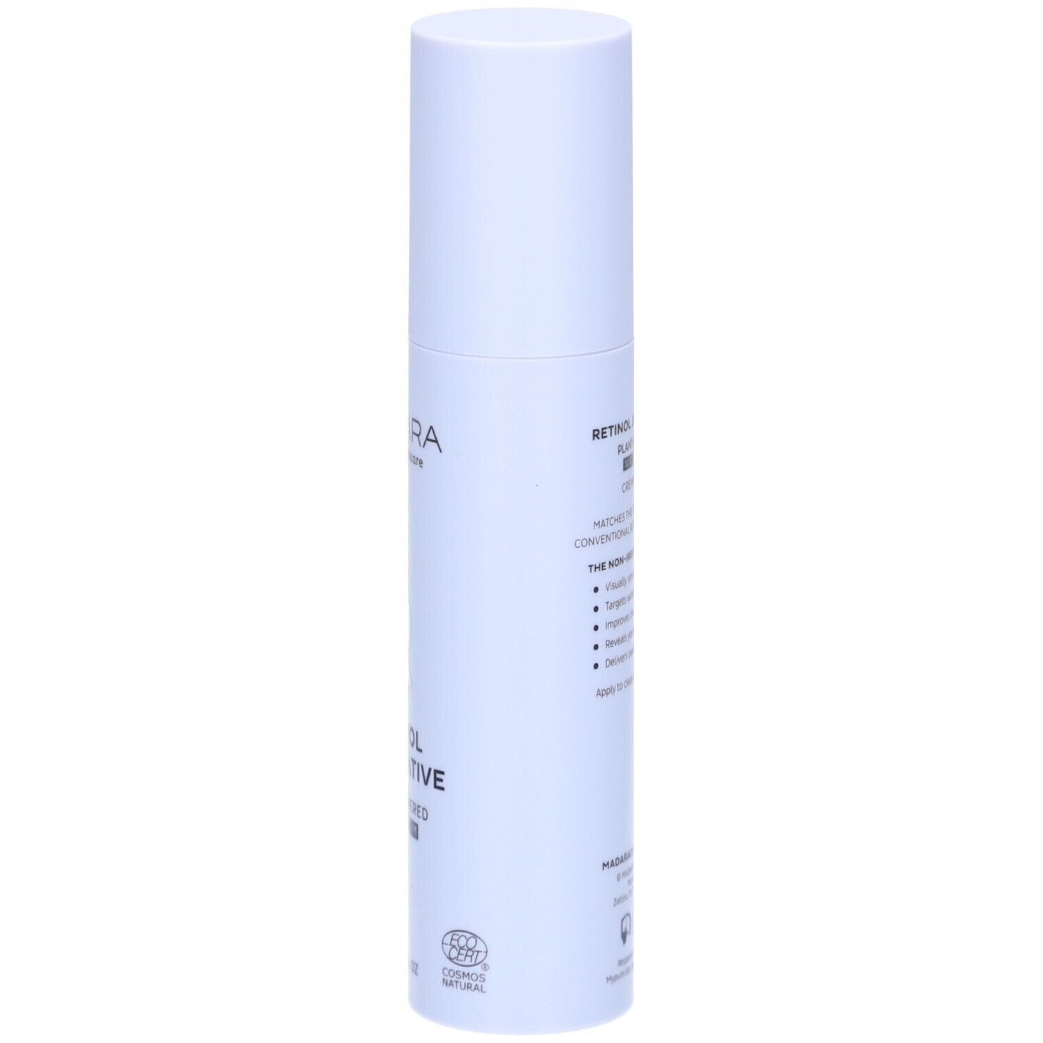 Hellblaue Flasche mit weißem Deckel. Text auf der Rückseite: Produktbeschreibung, Inhaltsstoffe. Mit Bio-Zertifizierung.