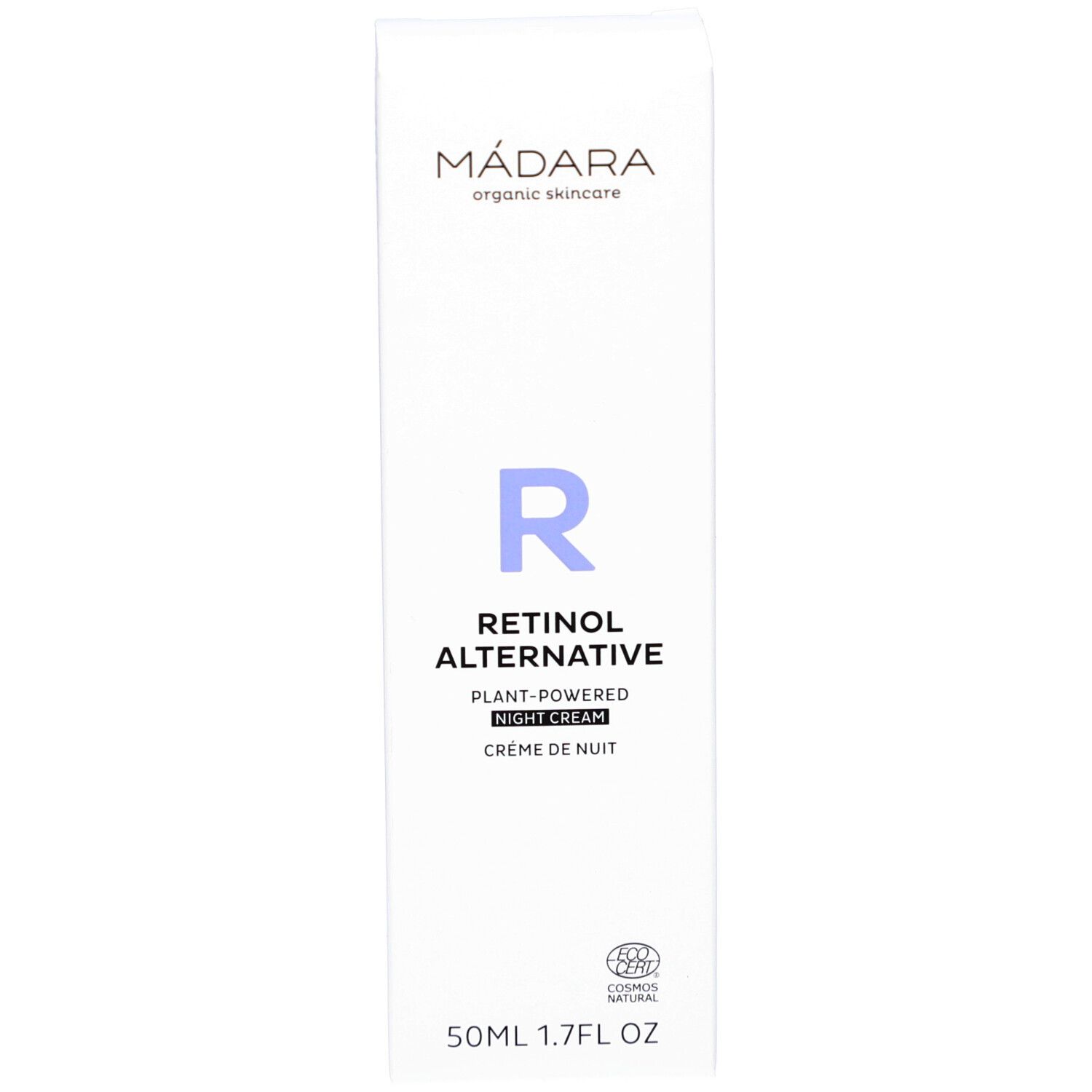 Weiße Schachtel mit Aufschrift: MÁDARA, Retinol Alternative, Nachtcreme. Mit Bio-Zertifizierung.