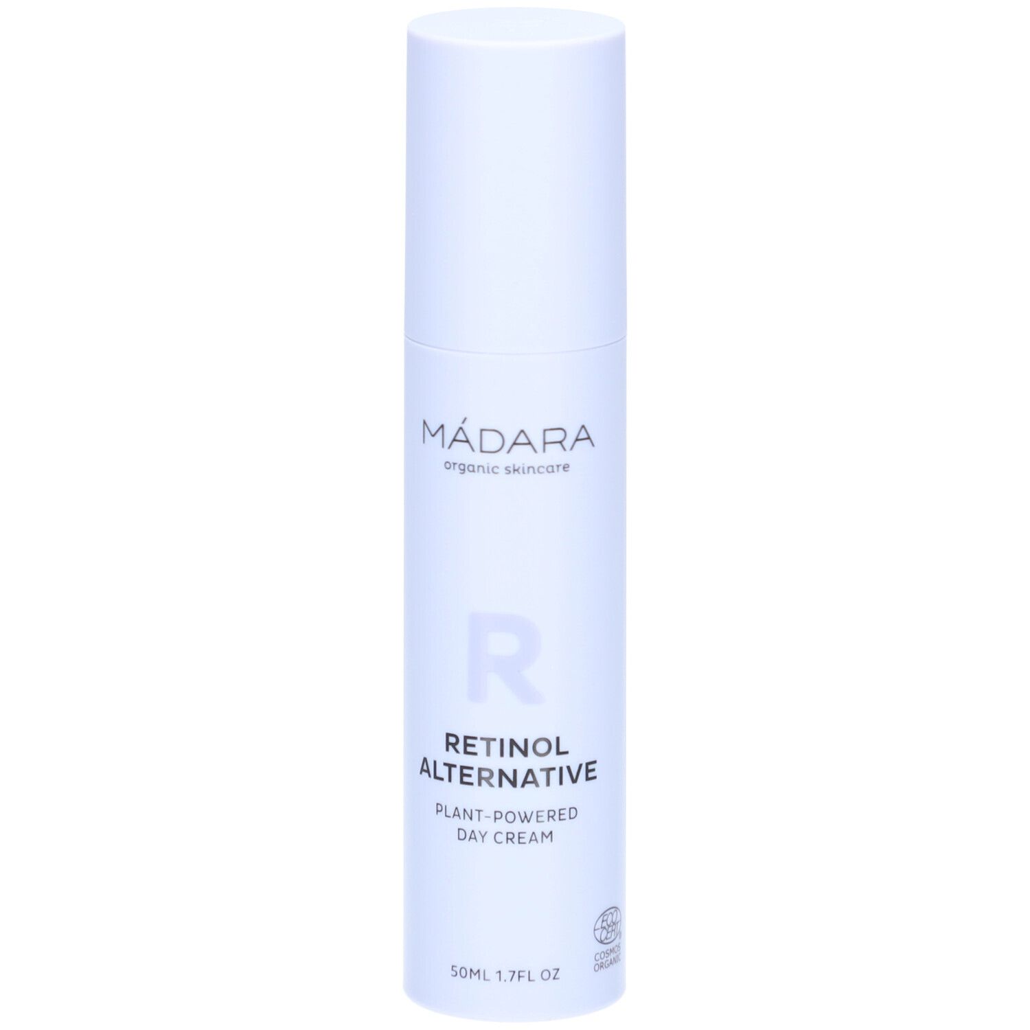 Weiße Flasche mit Deckel. Aufschrift: MÁDARA, Retinol Alternative, Tagescreme. Logo: R. Zertifizierung.