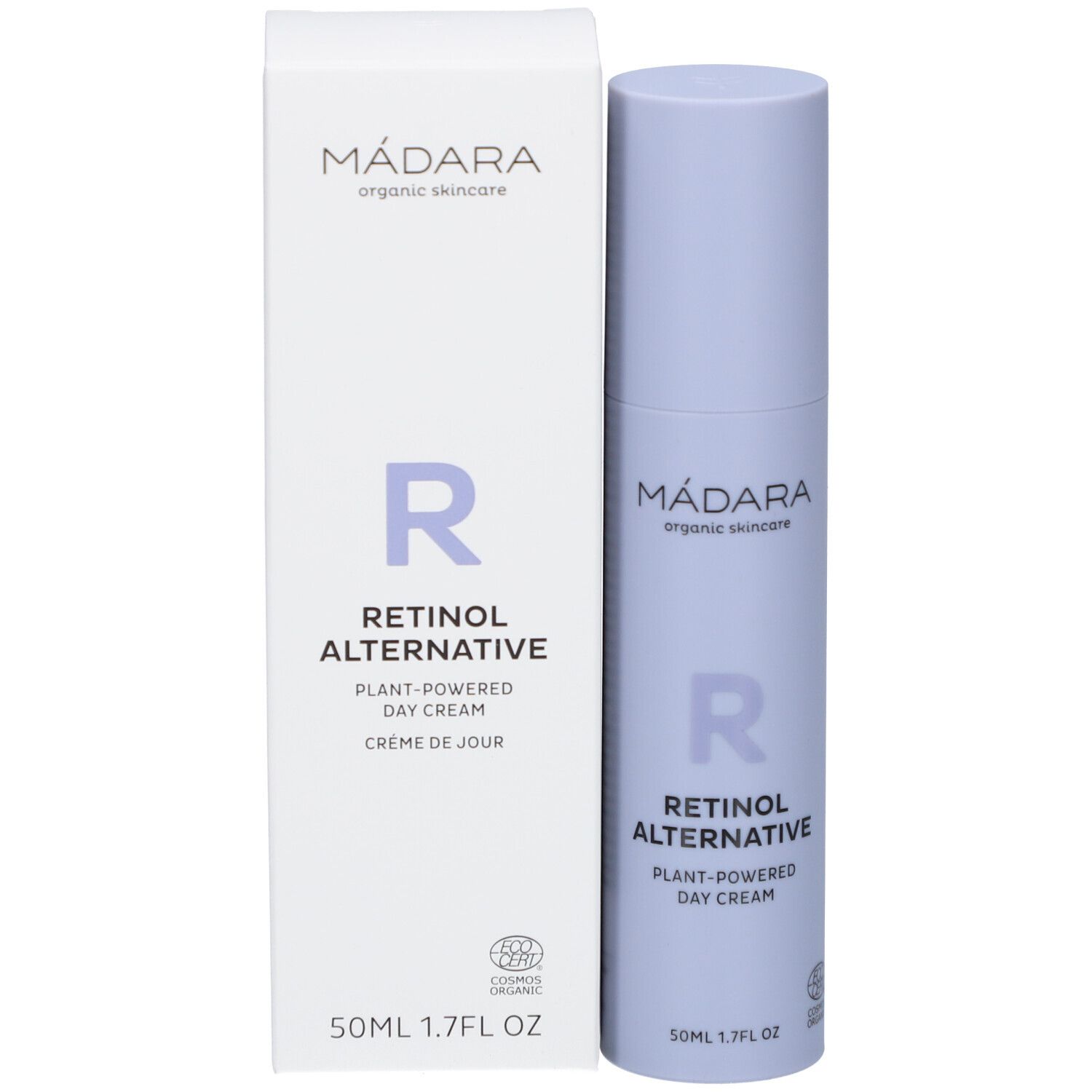 Produktverpackung und Flasche. Verpackung: weiß, Text: MÁDARA, Retinol Alternative, Tagescreme. Logo: R. Zertifizierung.