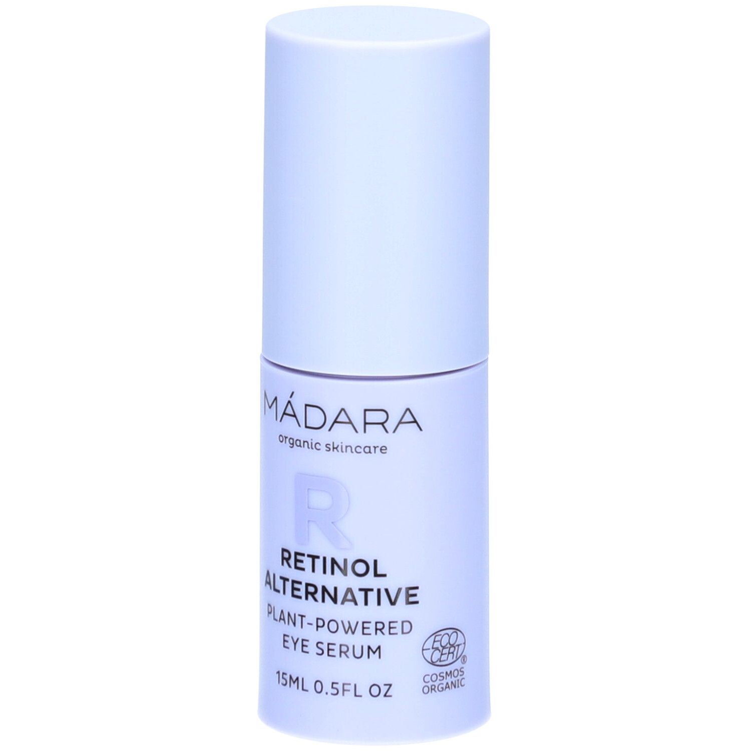 Hellblaues Augenserum-Fläschchen mit weißem Deckel. Aufschrift: MÁDARA, Retinol Alternative, 15ml, COSMOS ORGANIC.