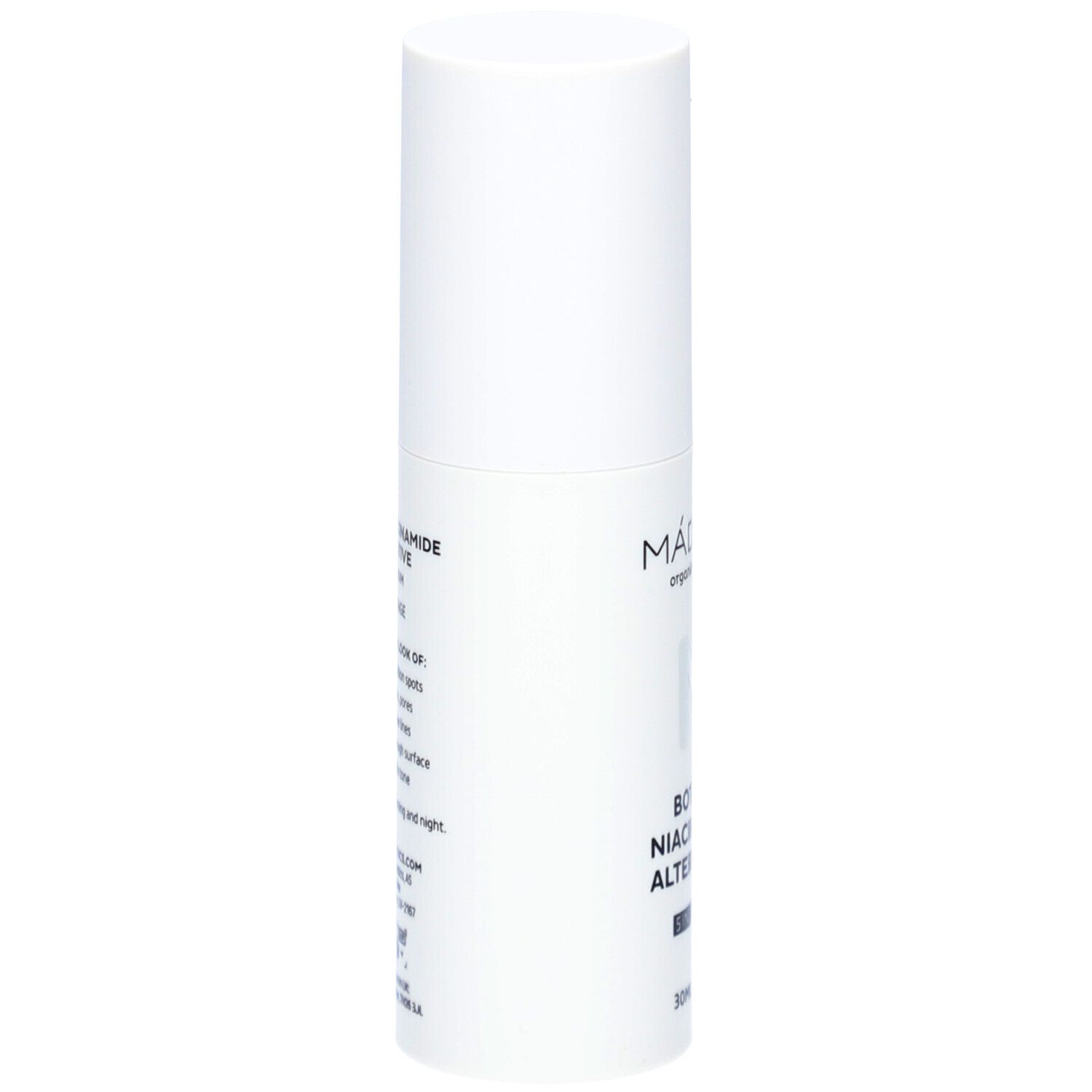 Weißer Flakon mit Produktinformationen. Text: Botanic Niacinamide Alternative 5-in-1 Serum. Herstellerinformationen.