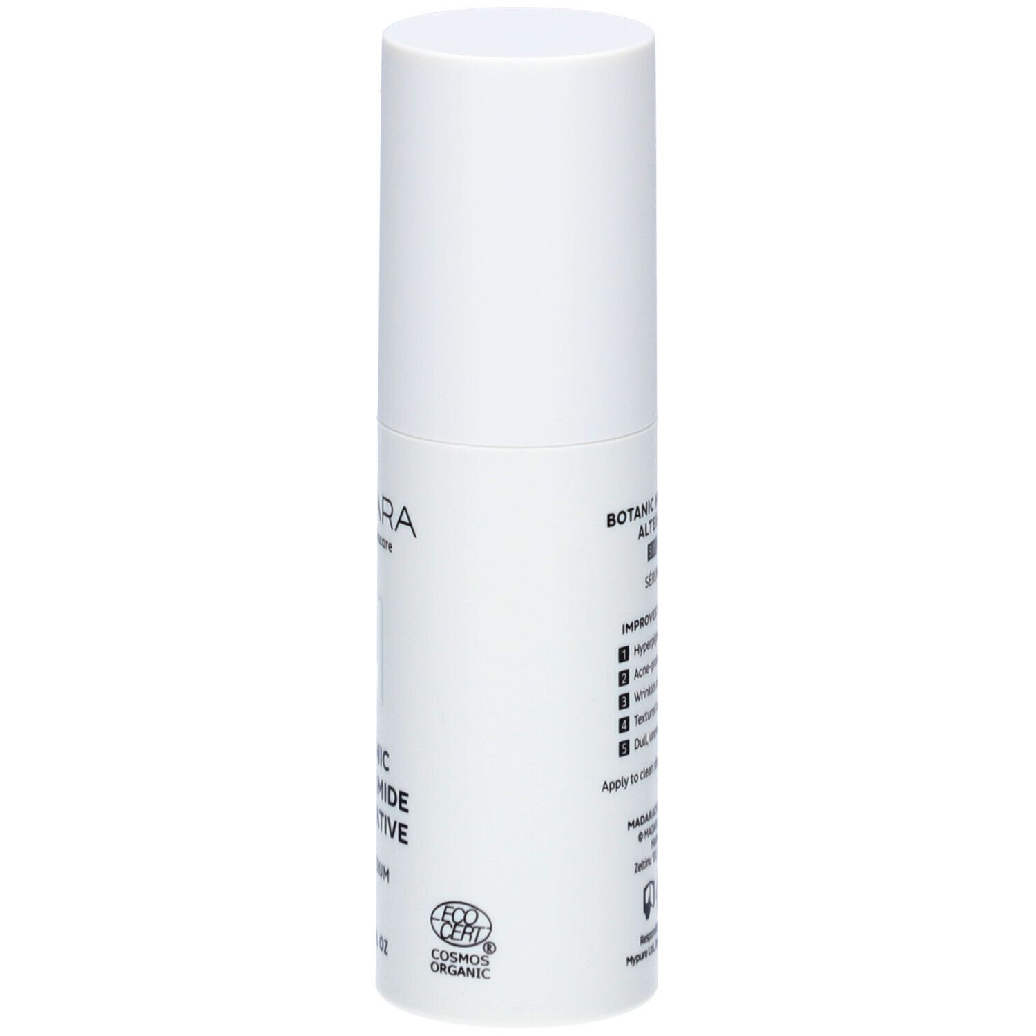 Weißer Flakon mit Produktaufschrift: MÁDARA, Botanic Niacinamide Alternative 5-in-1 Serum. Mit Kosmetik-Zertifizierung.