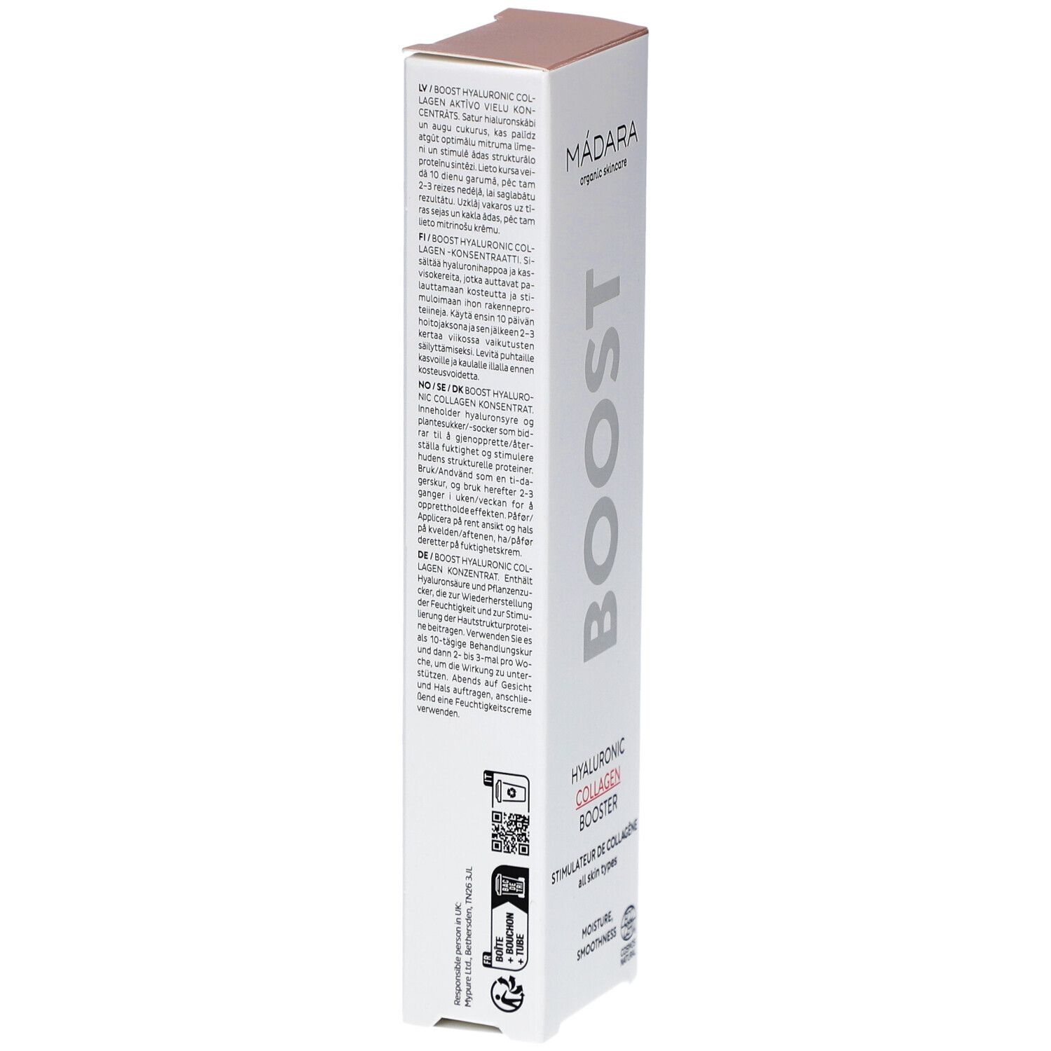 Weiße Verpackung mit Produktinformationen. Marke: Mádara. Text in mehreren Sprachen. Enthält QR-Code und COSMOS NATURAL Zertifizierung.