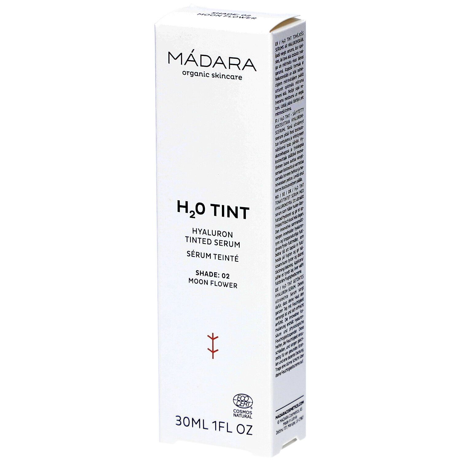 Weiße Verpackung mit Produktinformationen. Oben: MÁDARA organic skincare. Mitte: H2O TINT Hyaluron Tinted Serum. Unten: 30ml 1FL OZ.