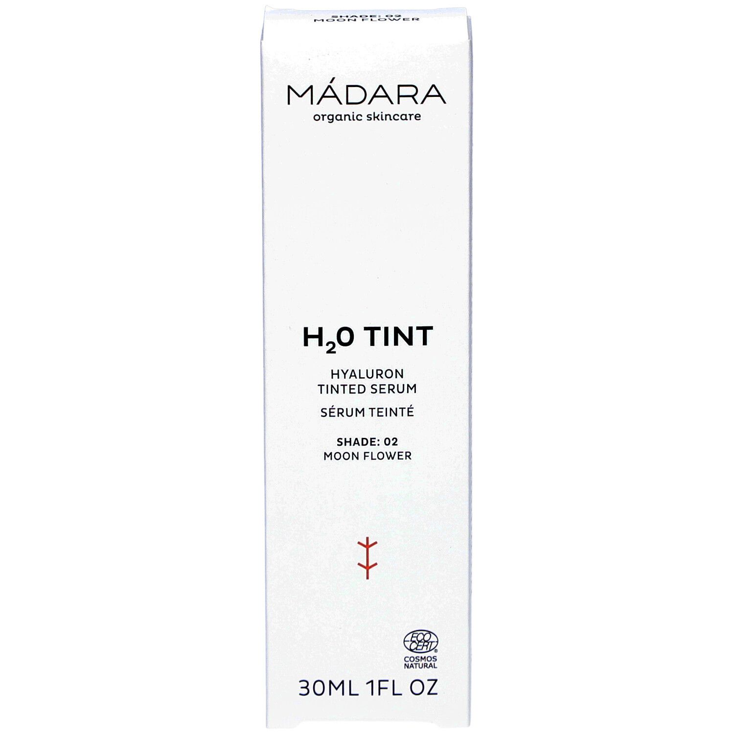 Weiße Verpackung mit Produktinformationen. Oben: MÁDARA organic skincare. Mitte: H2O TINT Hyaluron Tinted Serum. Unten: 30ml 1FL OZ.