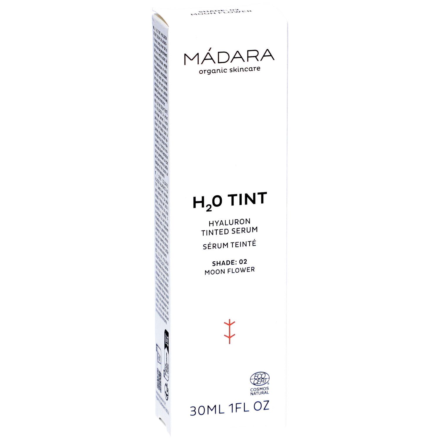 Weiße Verpackung, Seitenansicht. Oben: MÁDARA organic skincare. Mitte: H2O TINT Hyaluron Tinted Serum. Unten: 30ml 1FL OZ.