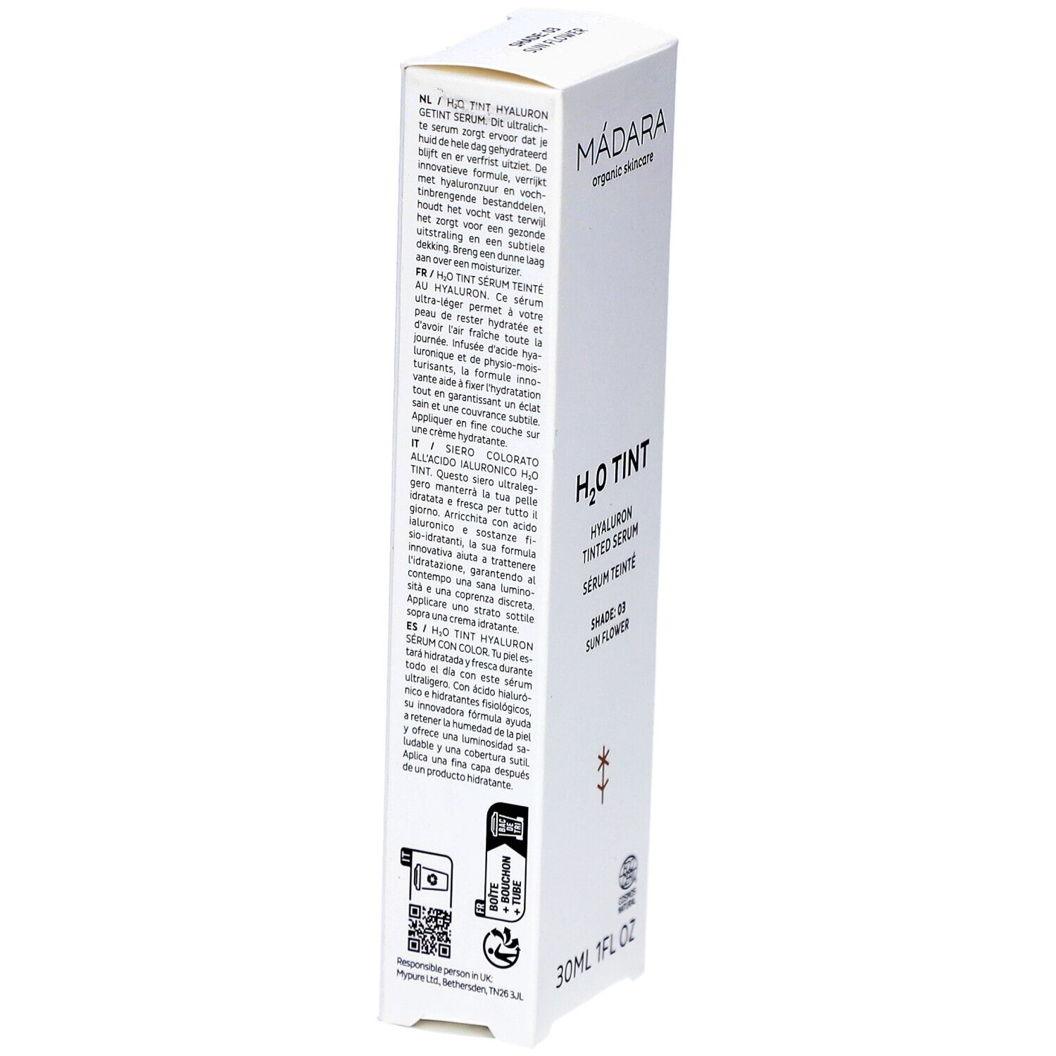 Weiße Produktverpackung mit Text. Marke: MÁDARA. Produkt: H2O TINT Hyaluron Tinted Serum. Text in mehreren Sprachen. 30ml/1FL OZ. Logo.