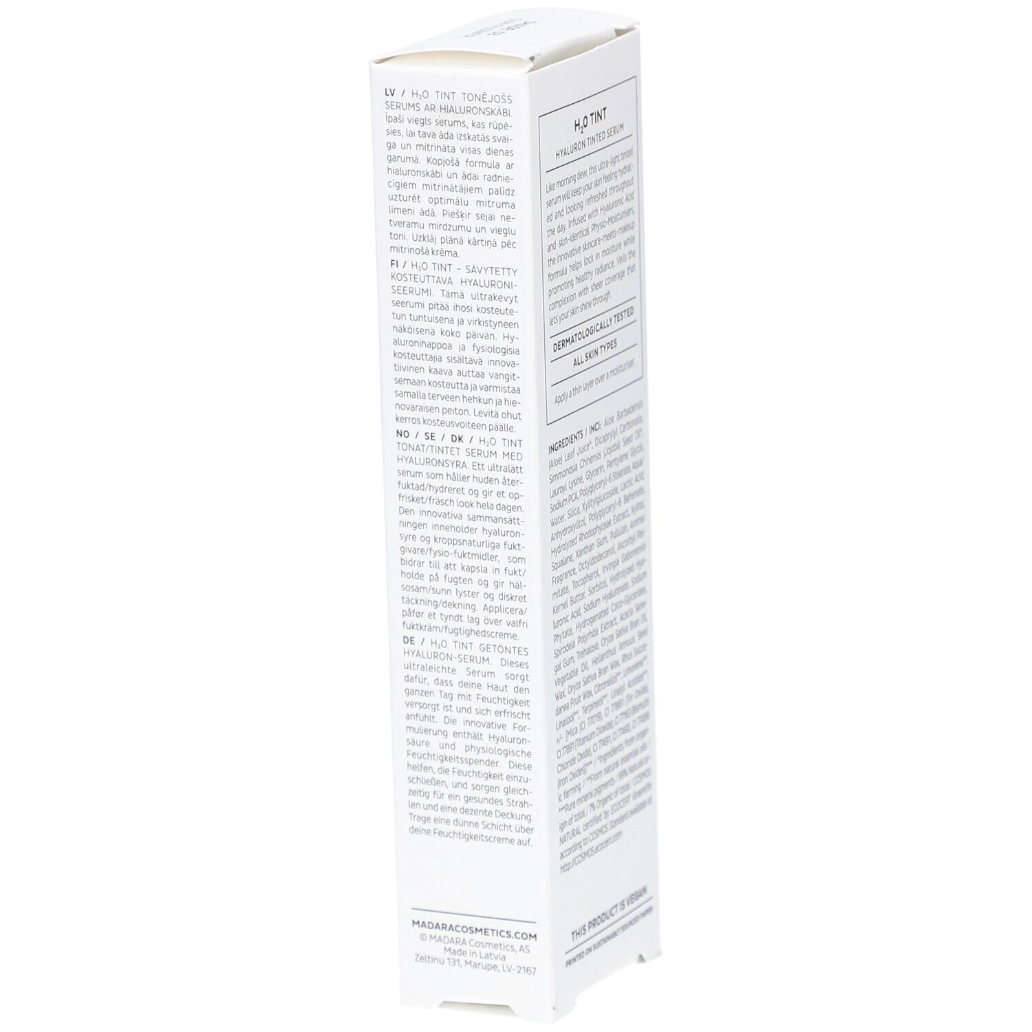 Weiße Produktverpackung mit Text. Marke: MÁDARA. Produkt: H2O TINT Hyaluron Tinted Serum. Text in mehreren Sprachen. Logo.