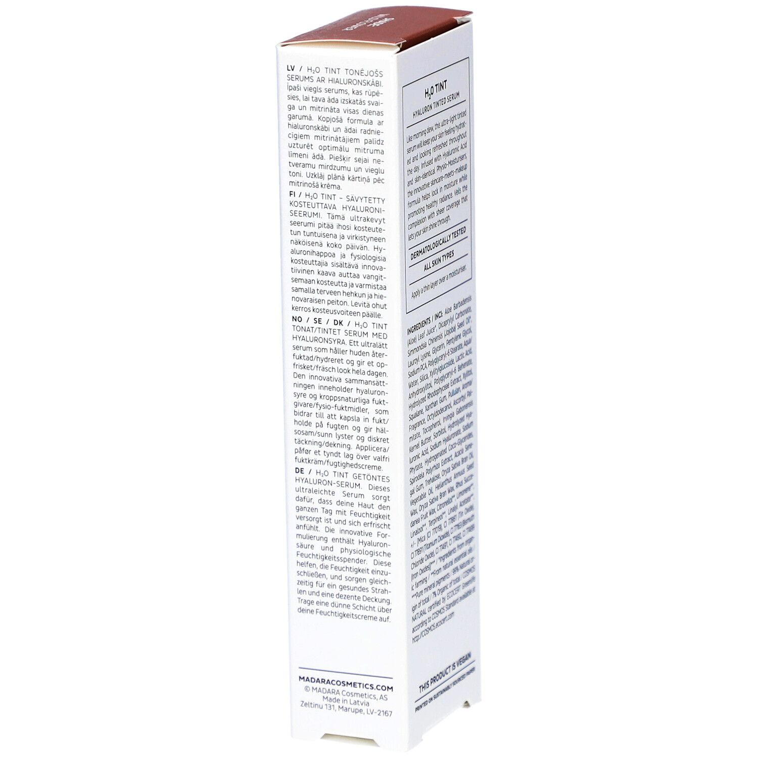 Weißer Karton, Seitenansicht. Text in mehreren Sprachen. Aufdruck: H2O TINT, Hyaluron Tinted Serum. Mit QR-Code.