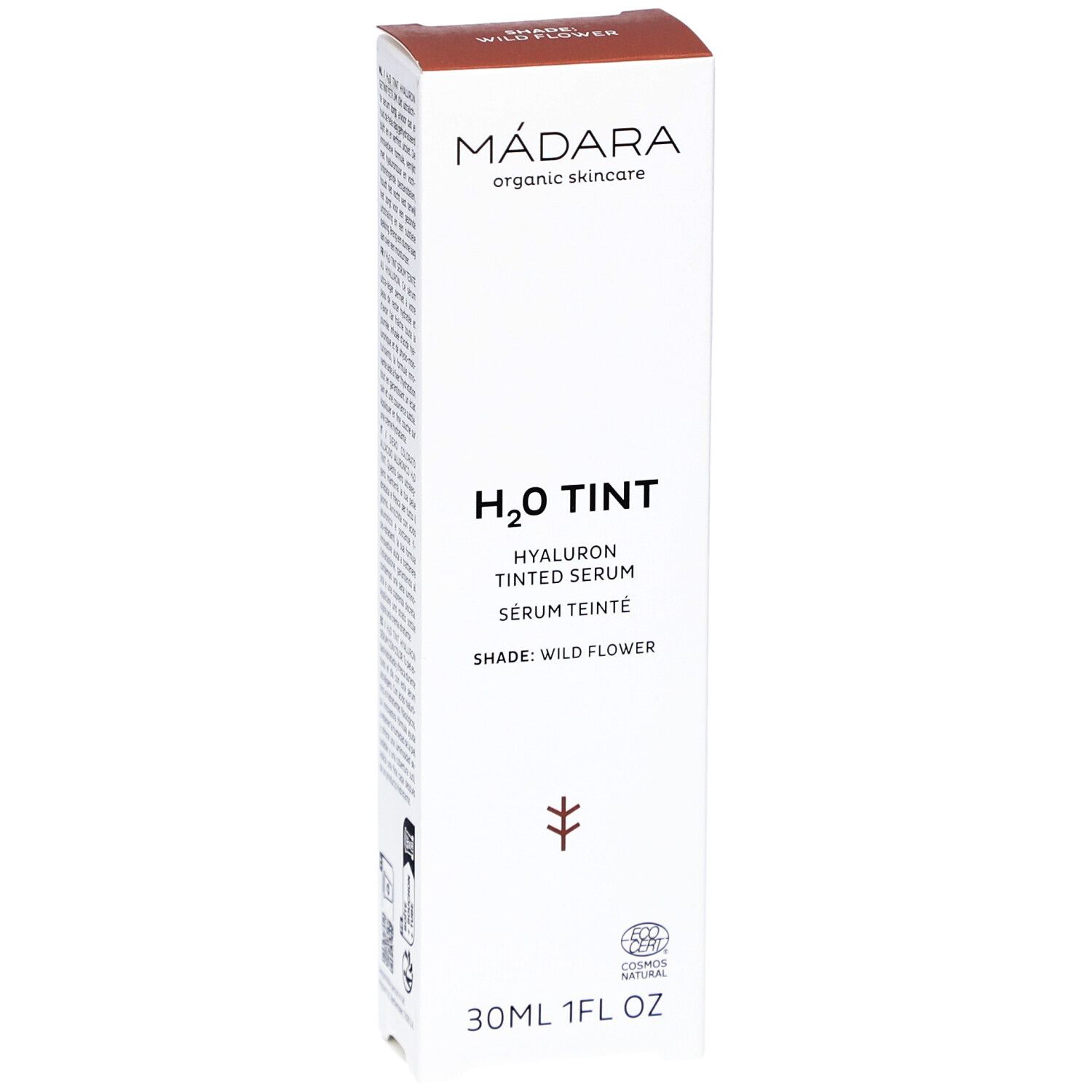 Weißer Karton mit Produktaufdruck. Oben braun. Schriftzug: H2O TINT, Hyaluron Tinted Serum, Shade: Wild Flower. 30ml.