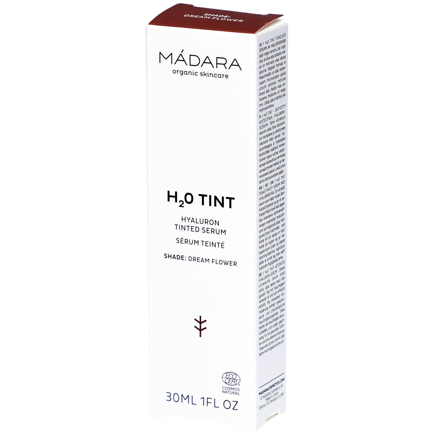 Weiße Verpackung mit Produktnamen und Logo. H2O Tint Hyaluron getöntes Serum. Dream Flower Farbton. 30ml. Bio-Zertifizierung.