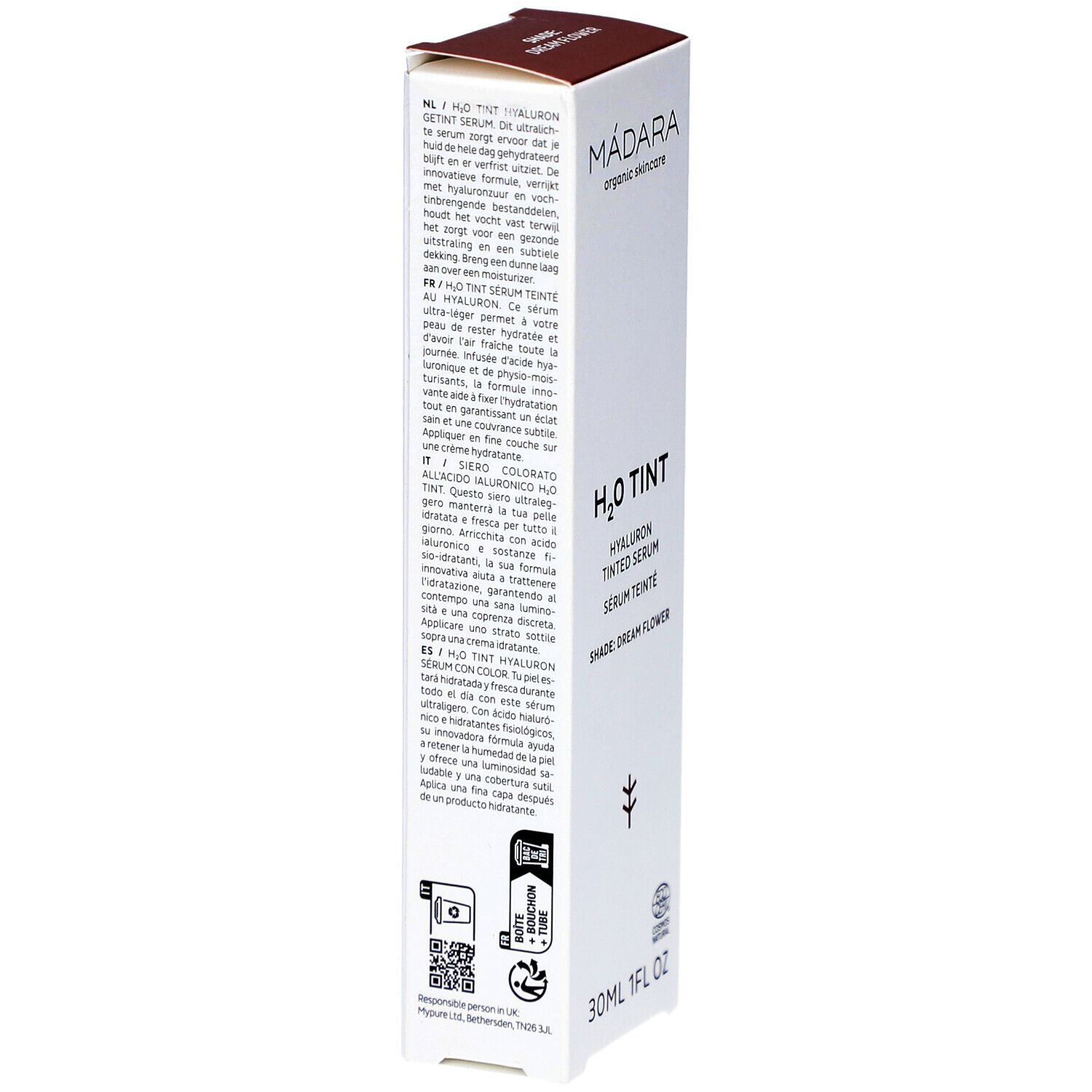 Verpackung, Rückseite. Text in mehreren Sprachen. H2O Tint Hyaluron getöntes Serum. Inhaltsstoffe. Bio-Zertifizierung. QR-Code.
