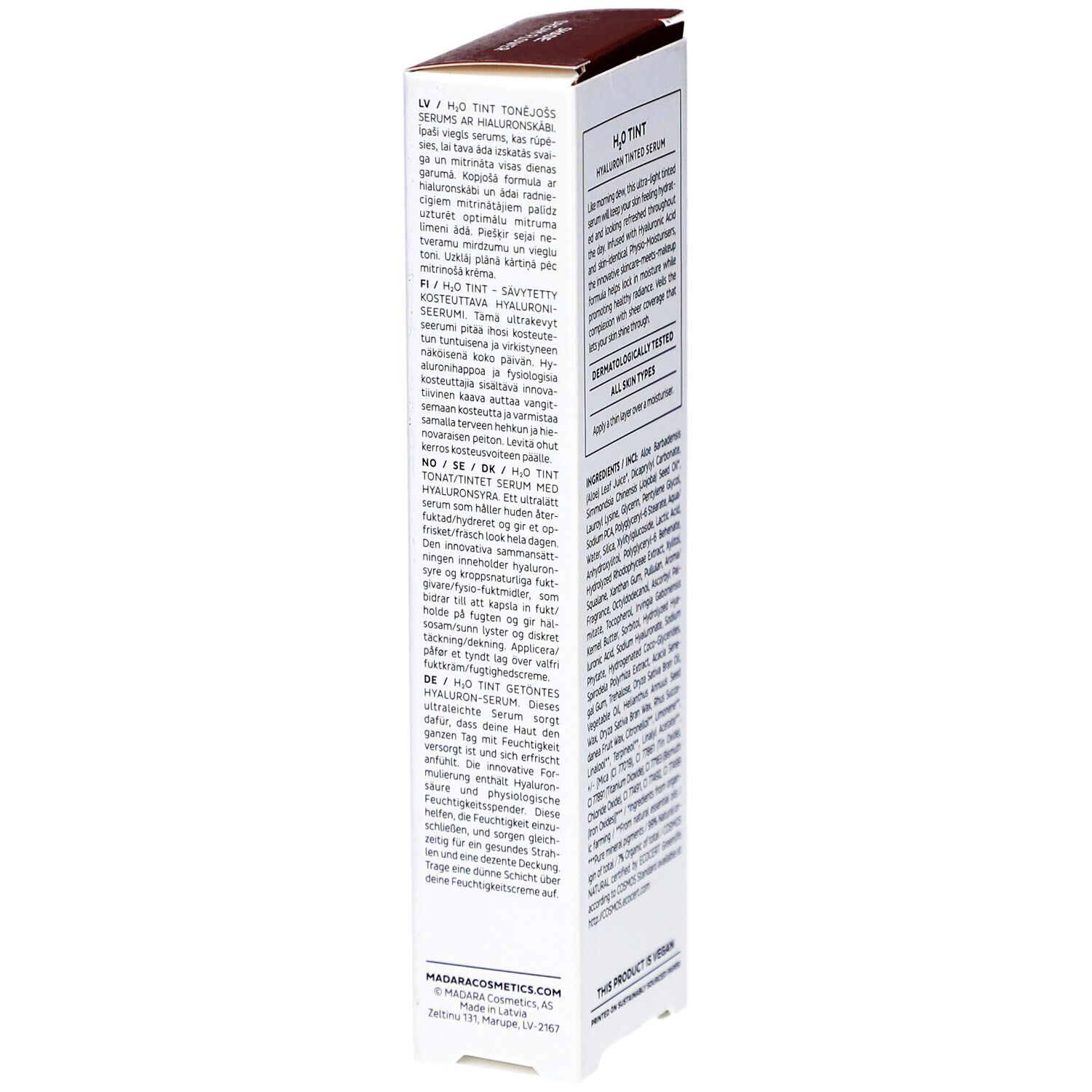 Verpackung, Seite. Text in mehreren Sprachen. H2O Tint getöntes Serum. Herstellerinformationen.