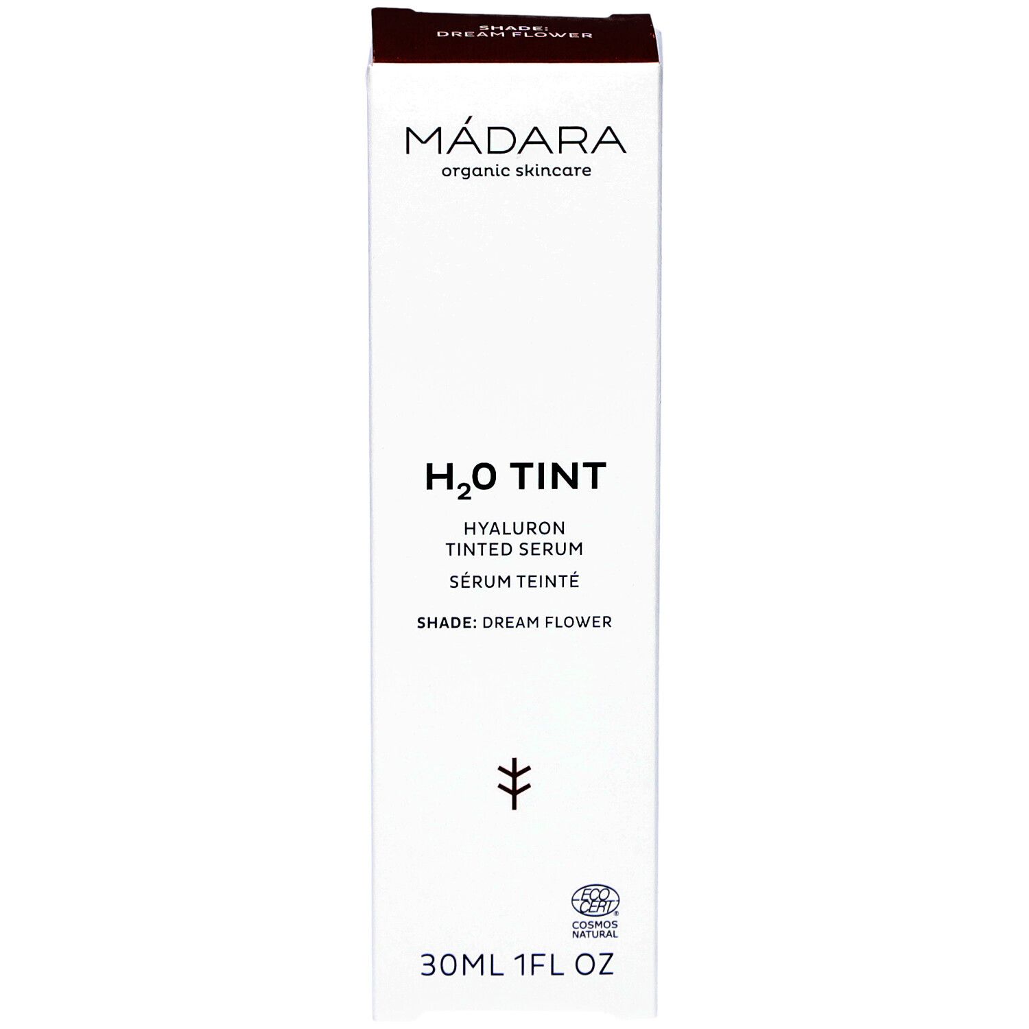 Weiße Verpackung mit Produktnamen und Logo. H2O Tint Hyaluron getöntes Serum. Dream Flower Farbton. 30ml. Bio-Zertifizierung.