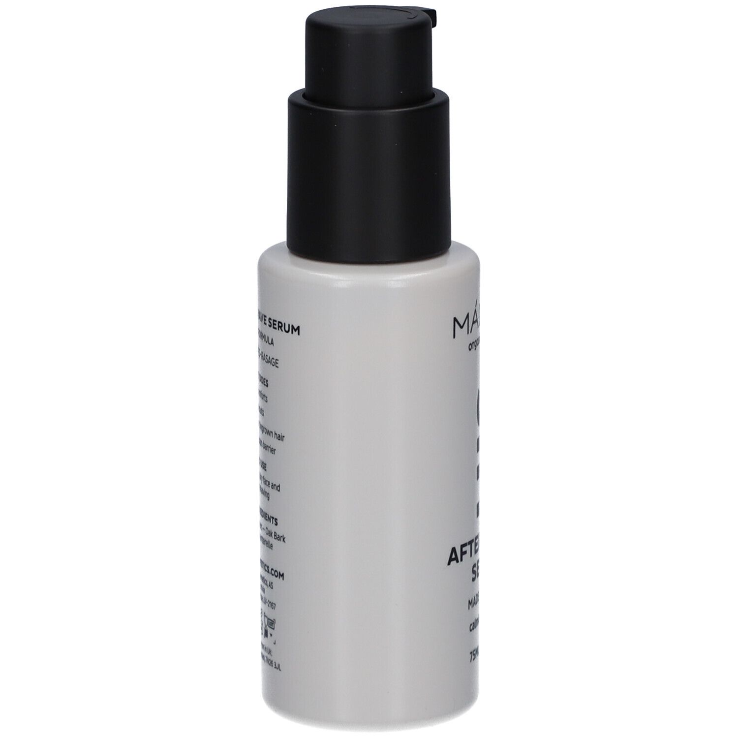 Weißes Fläschchen mit schwarzem Pumpkopf. Aufschrift: After Shave Serum, MADE FOR MEN. Text und Inhaltsstoffe.