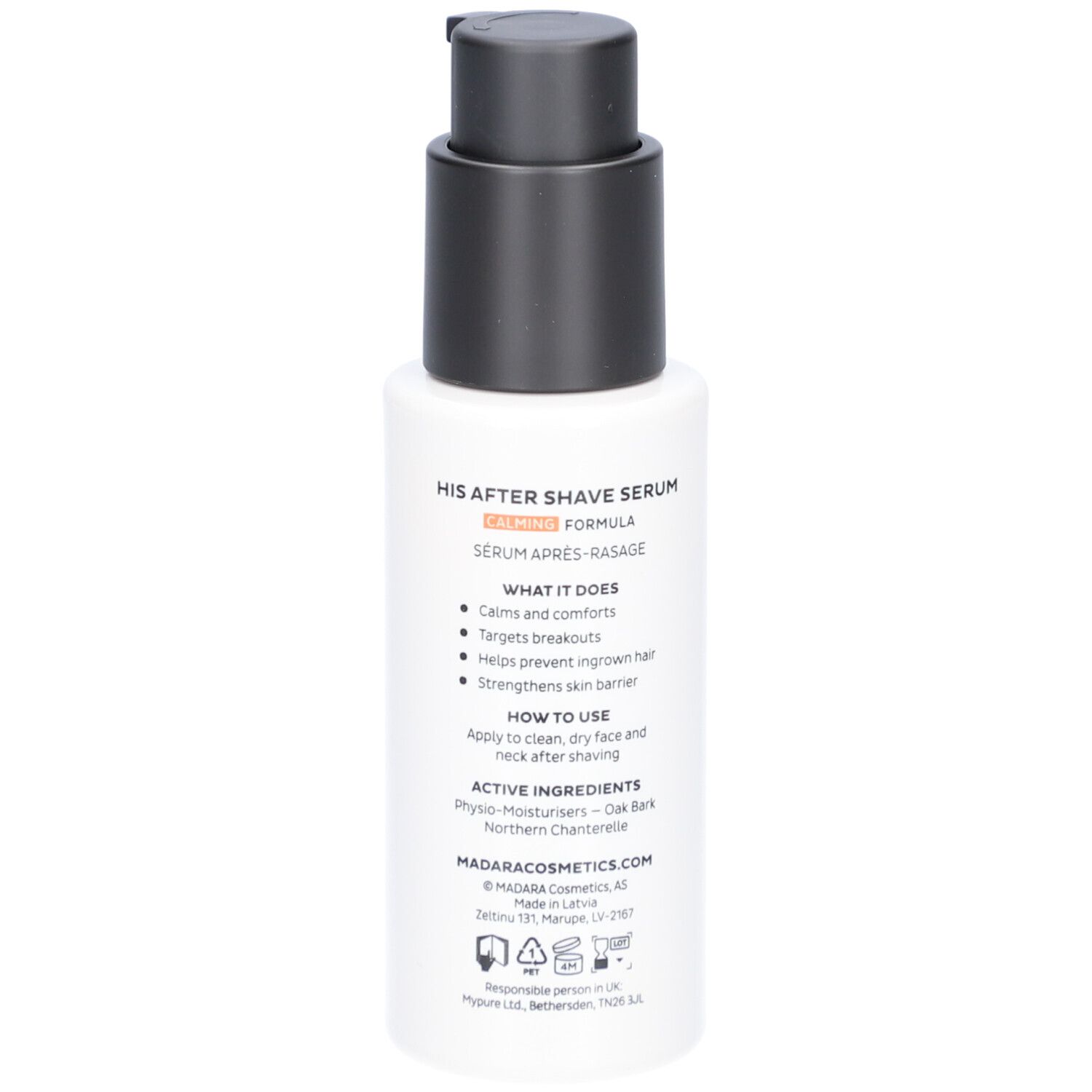 Weißes Fläschchen mit schwarzem Pumpkopf. Aufschrift: HIS After Shave Serum. Text: Was es tut, Anwendung, Inhaltsstoffe.