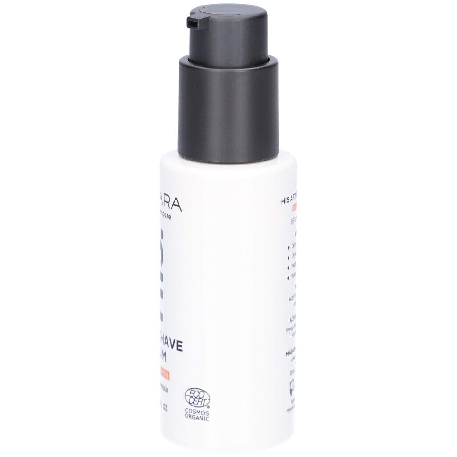 Weißes Fläschchen mit schwarzem Pumpkopf. Aufschrift: MÁDARA, HIS, After Shave Serum, MADE FOR MEN, COSMOS ORGANIC.