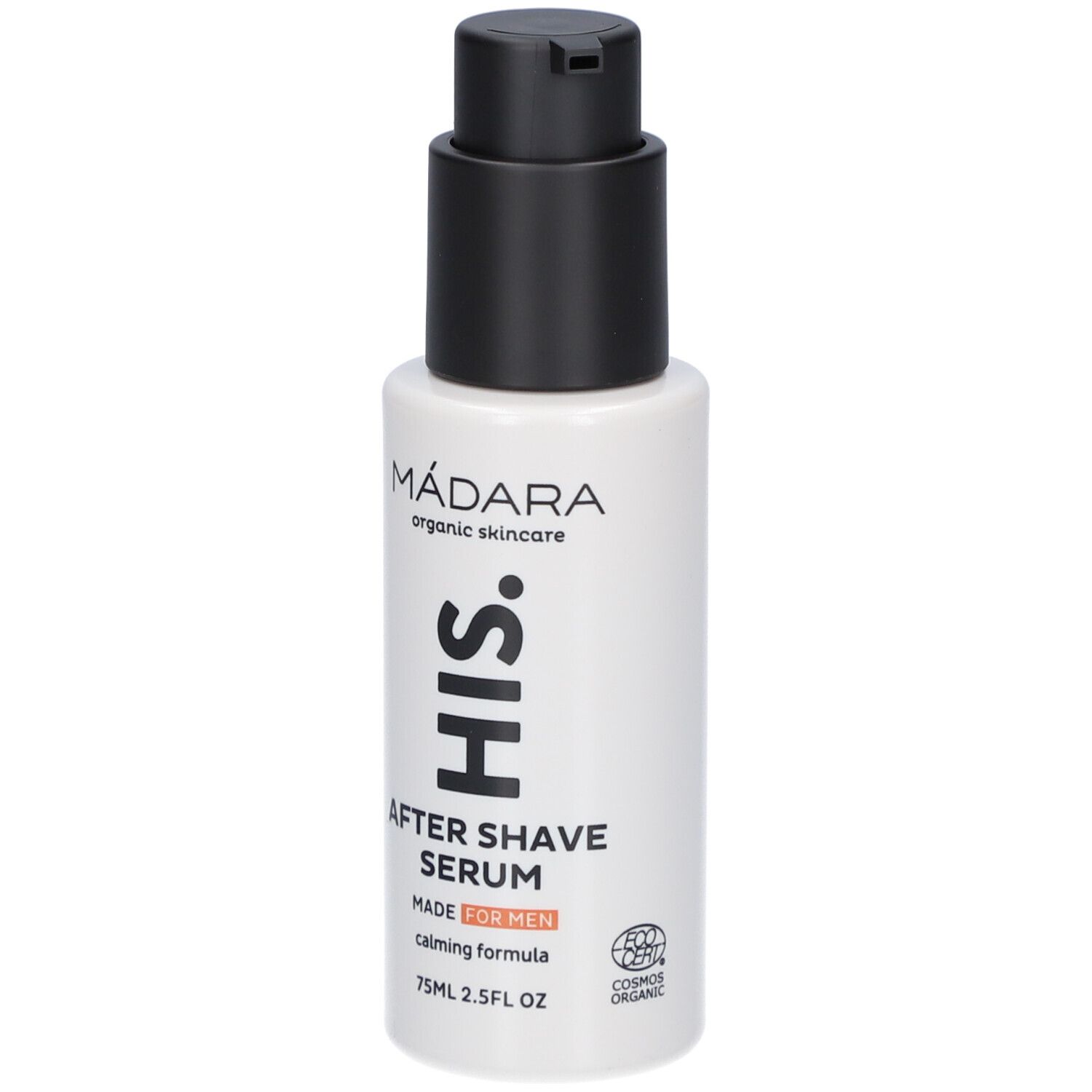 Weißes Fläschchen mit schwarzem Pumpkopf. Aufschrift: MÁDARA, HIS, After Shave Serum, MADE FOR MEN, COSMOS ORGANIC.