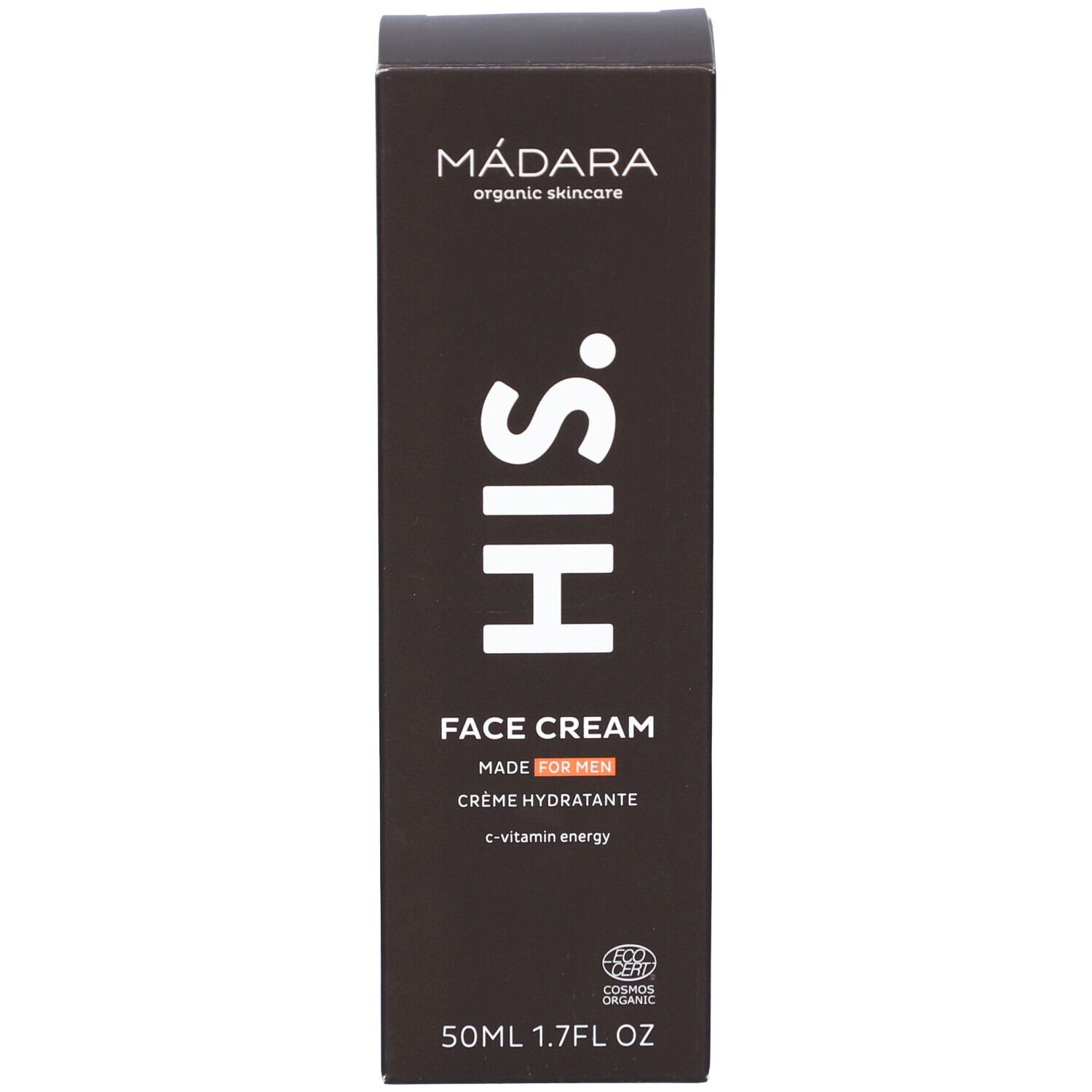 Braune Produktverpackung. Aufschrift: MÁDARA, HIS, FACE CREAM, MADE FOR MEN, c-vitamin energy. Zertifizierung.